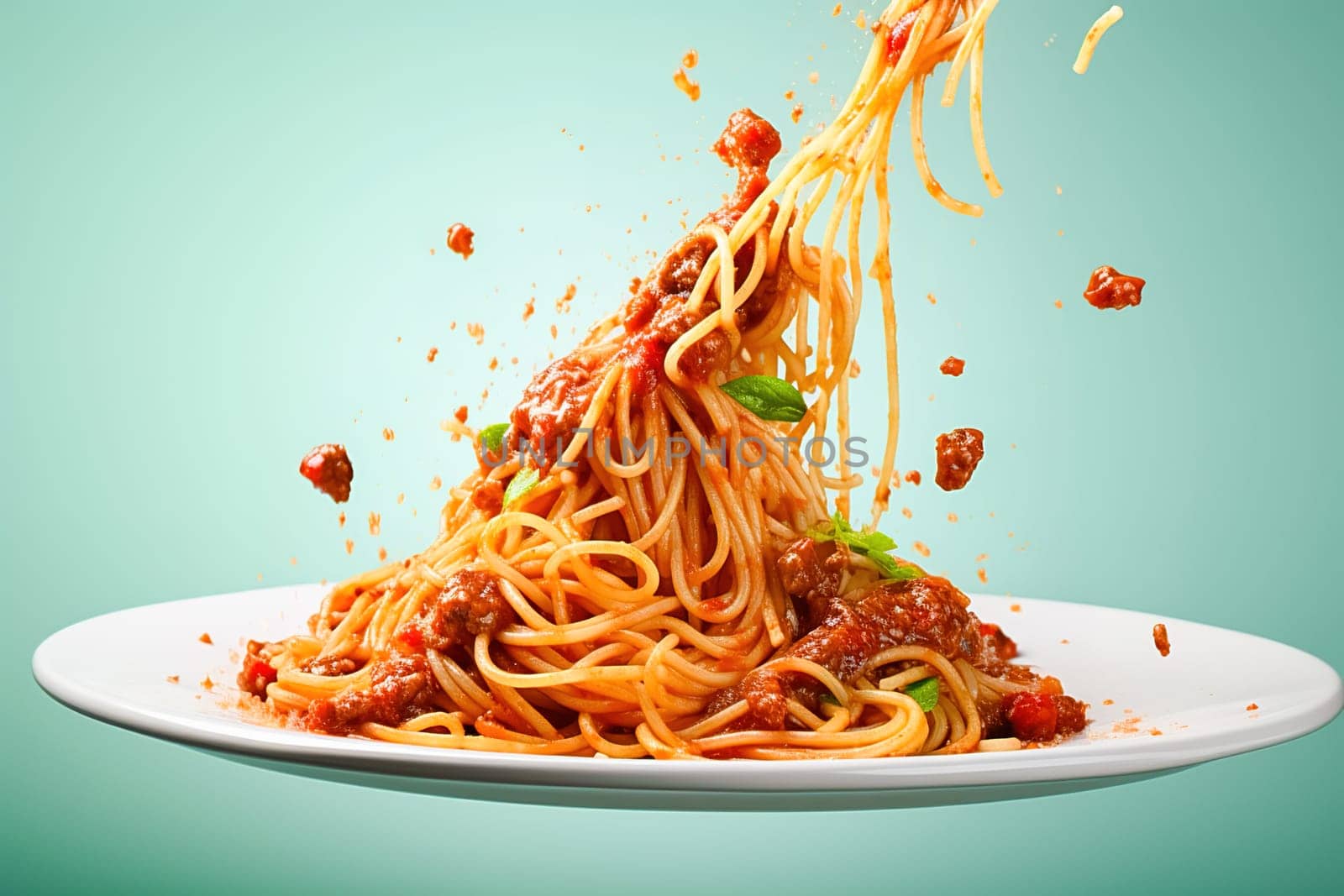 Spaghetti with tomato sauce in a bowl. Levitation. by Yurich32