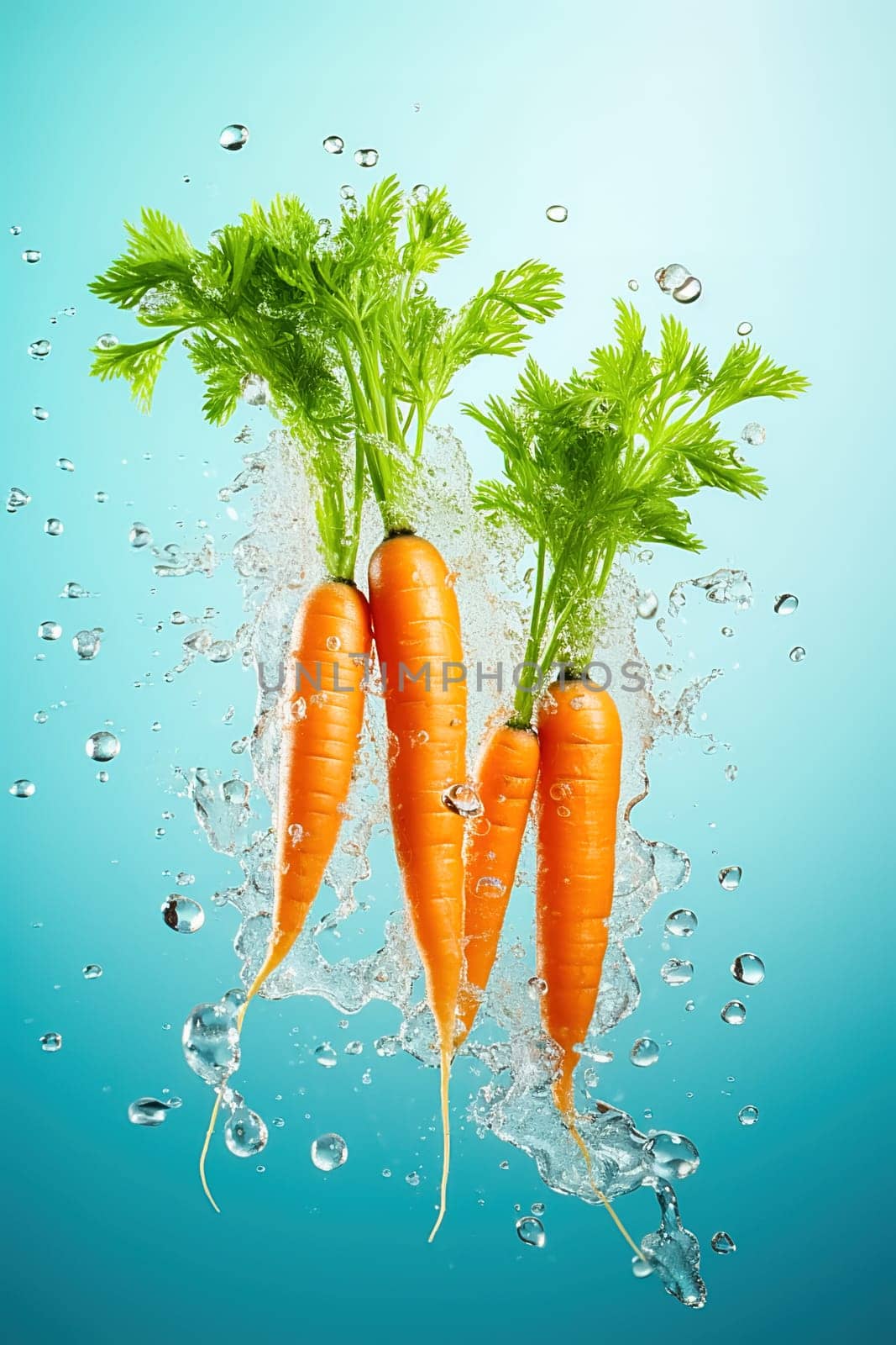 Young carrot with water splash on a blue background. High quality photo