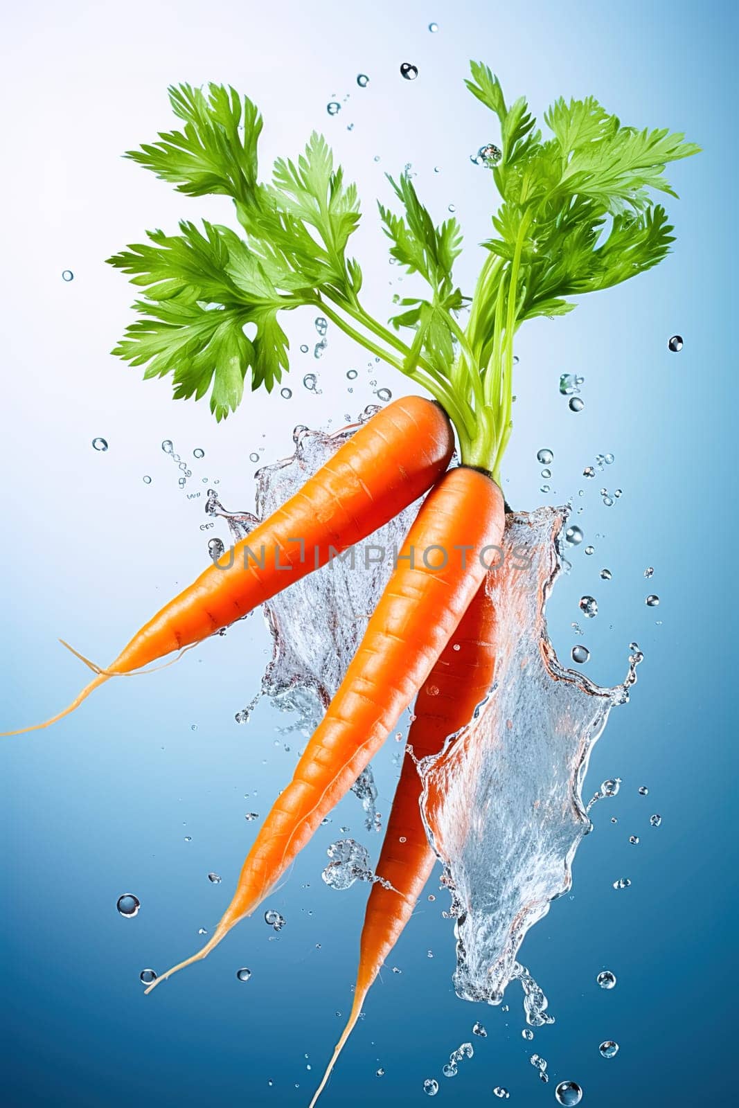 Young carrot with water splash on a blue background. High quality photo