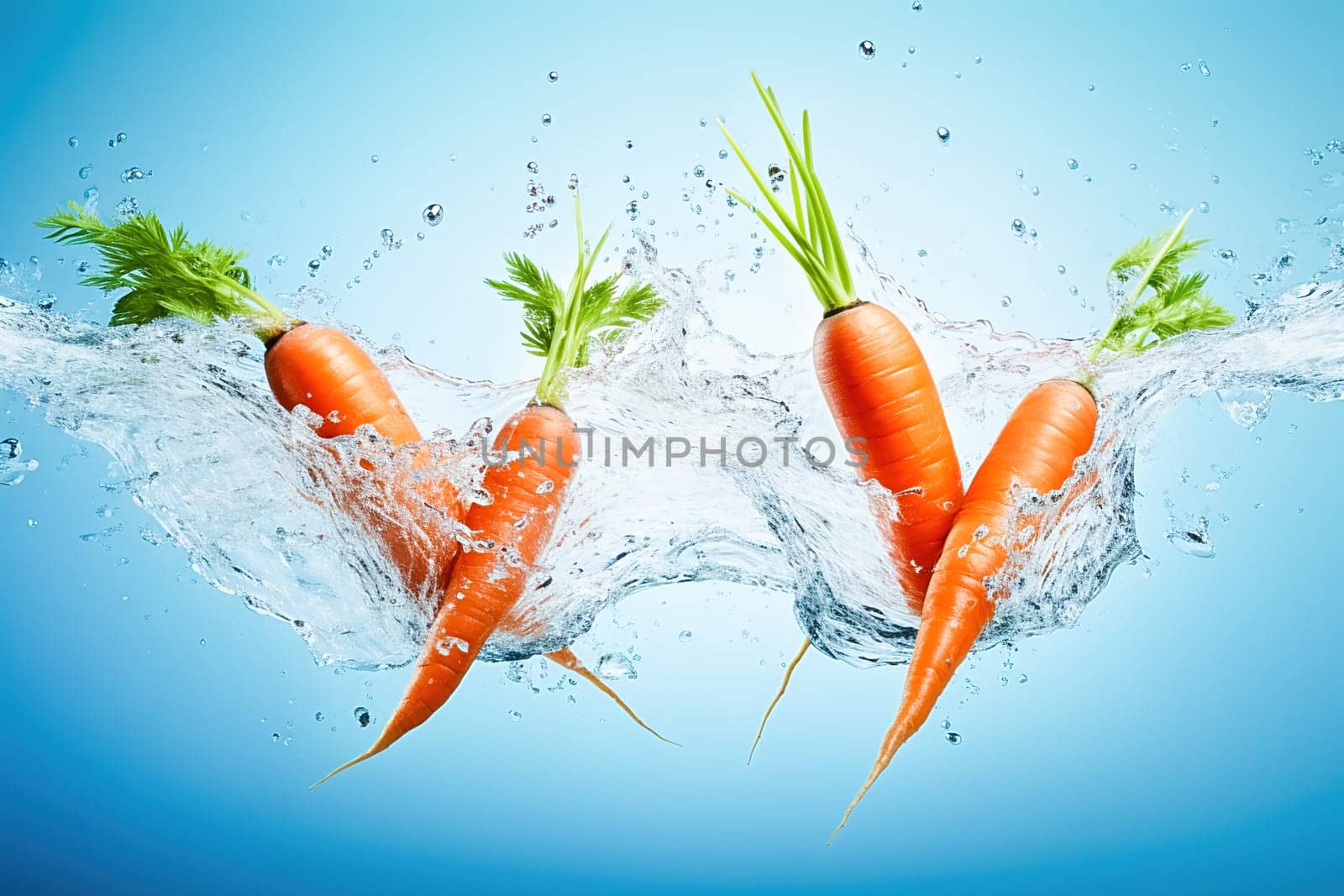 Young carrot with water splash on a blue background. High quality photo