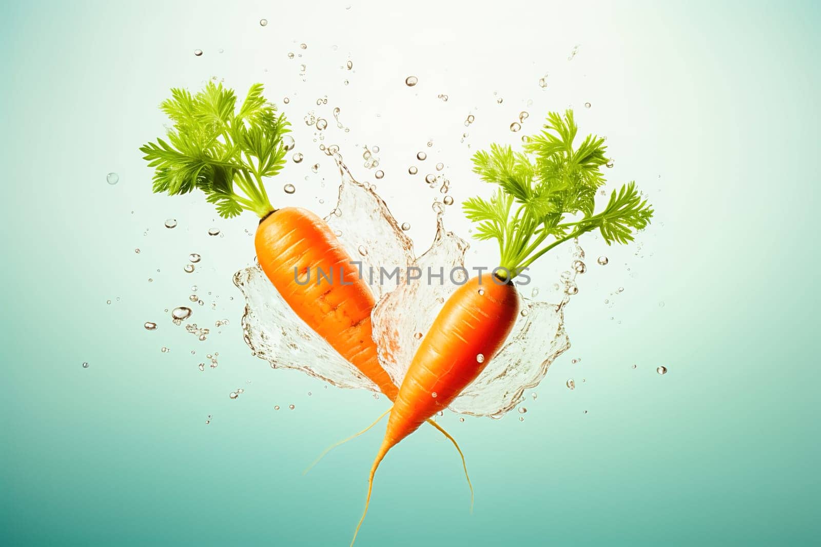 Young carrot with water splash on a blue background. High quality photo