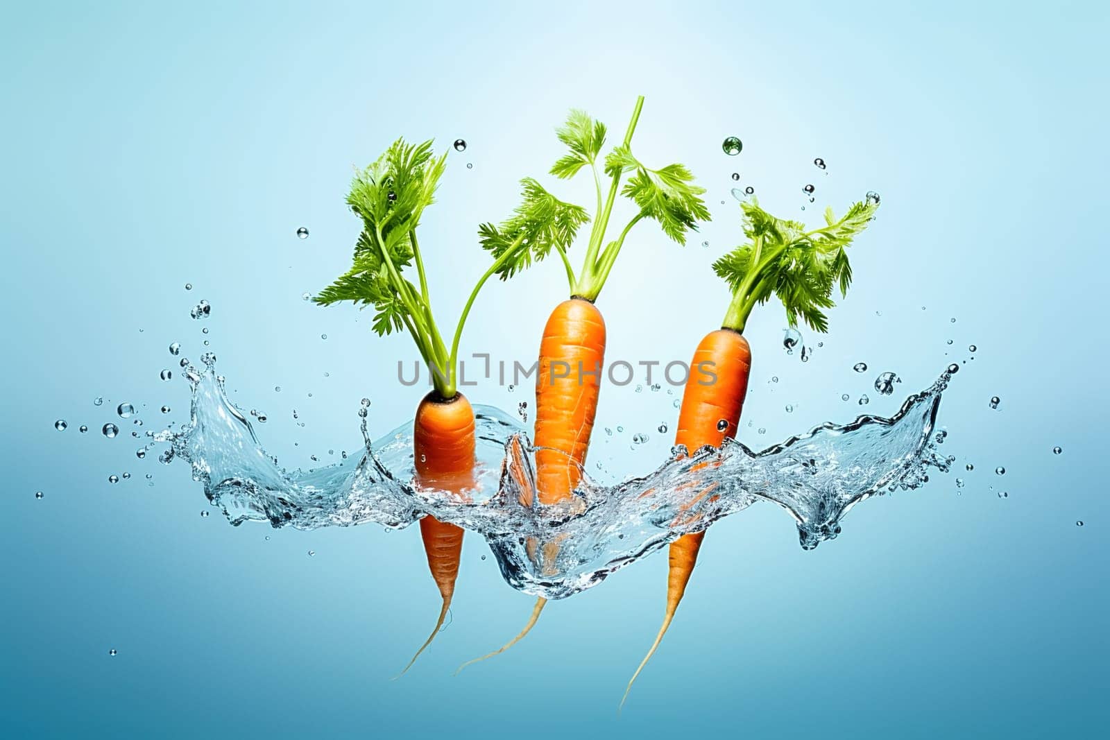 Young carrot with water splash on a blue background. High quality photo