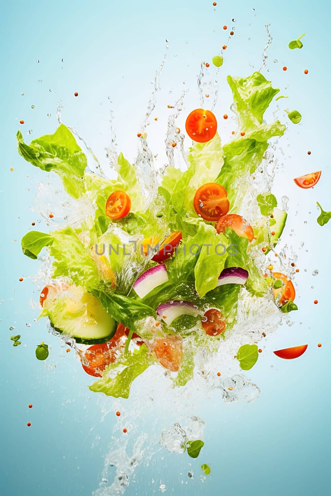 Sliced vegetable salad with water splashes in the air. Levitation. by Yurich32