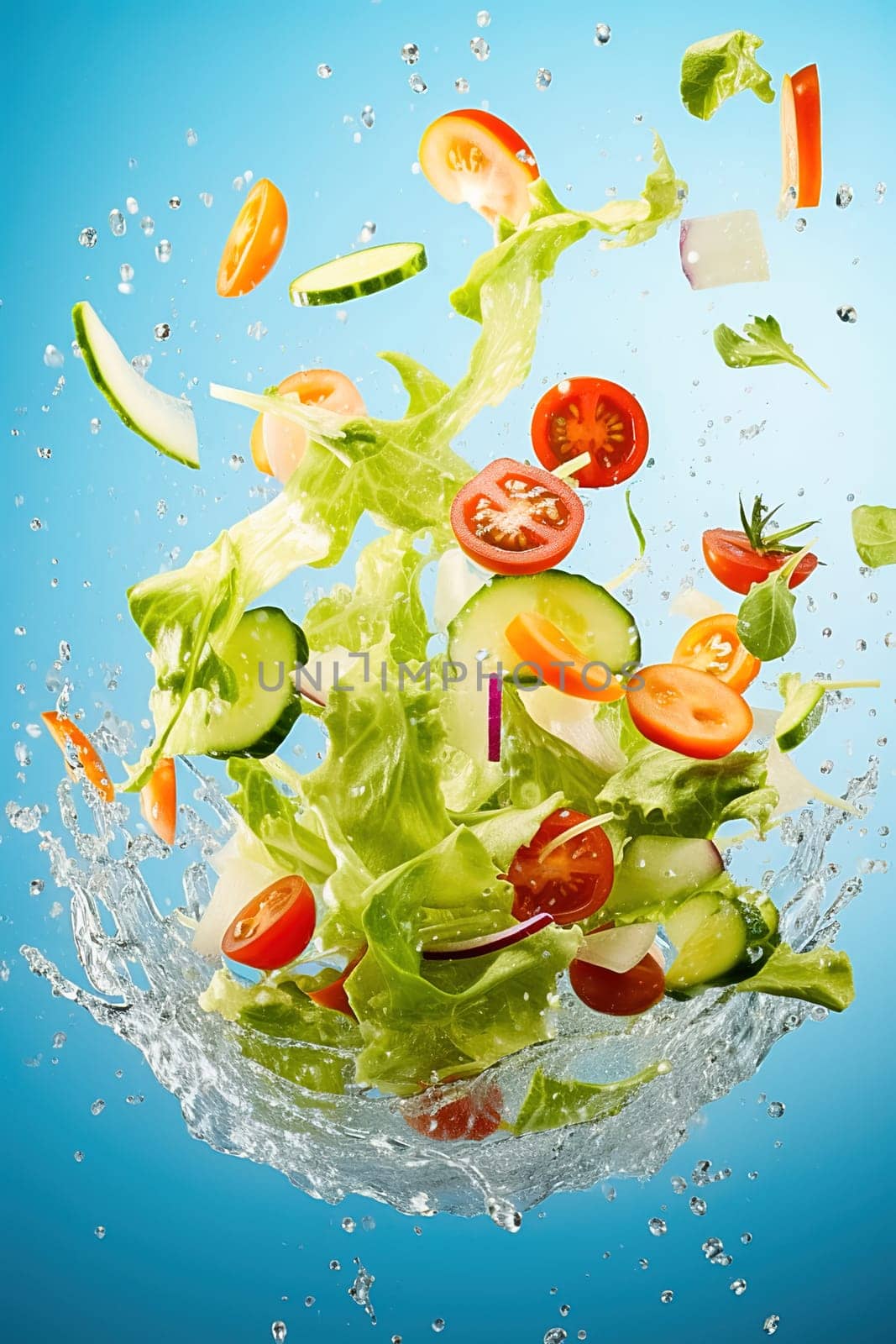 Sliced vegetable salad with water splashes in the air. Levitation. by Yurich32