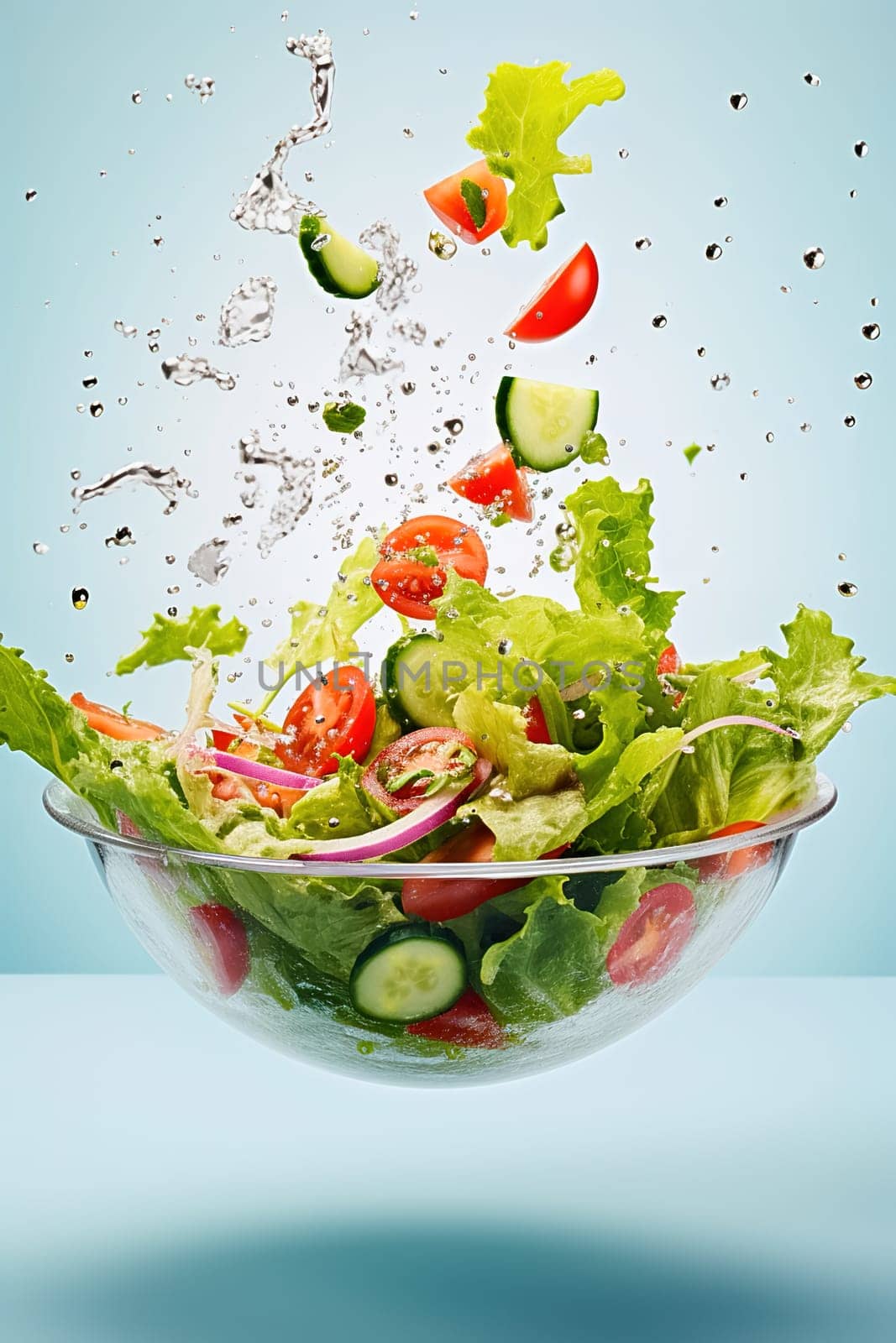 Sliced vegetable salad with water splashes in the air. Levitation. by Yurich32