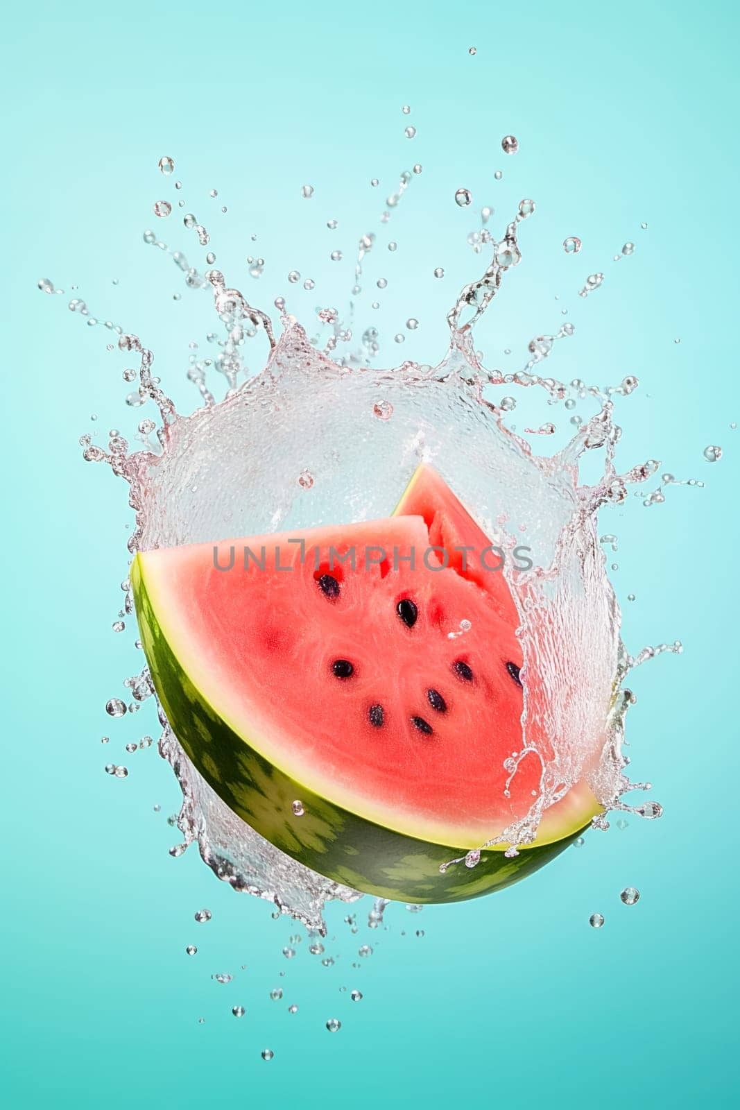 Sliced pieces of juicy watermelon with splashes of water. Levitation. High quality photo