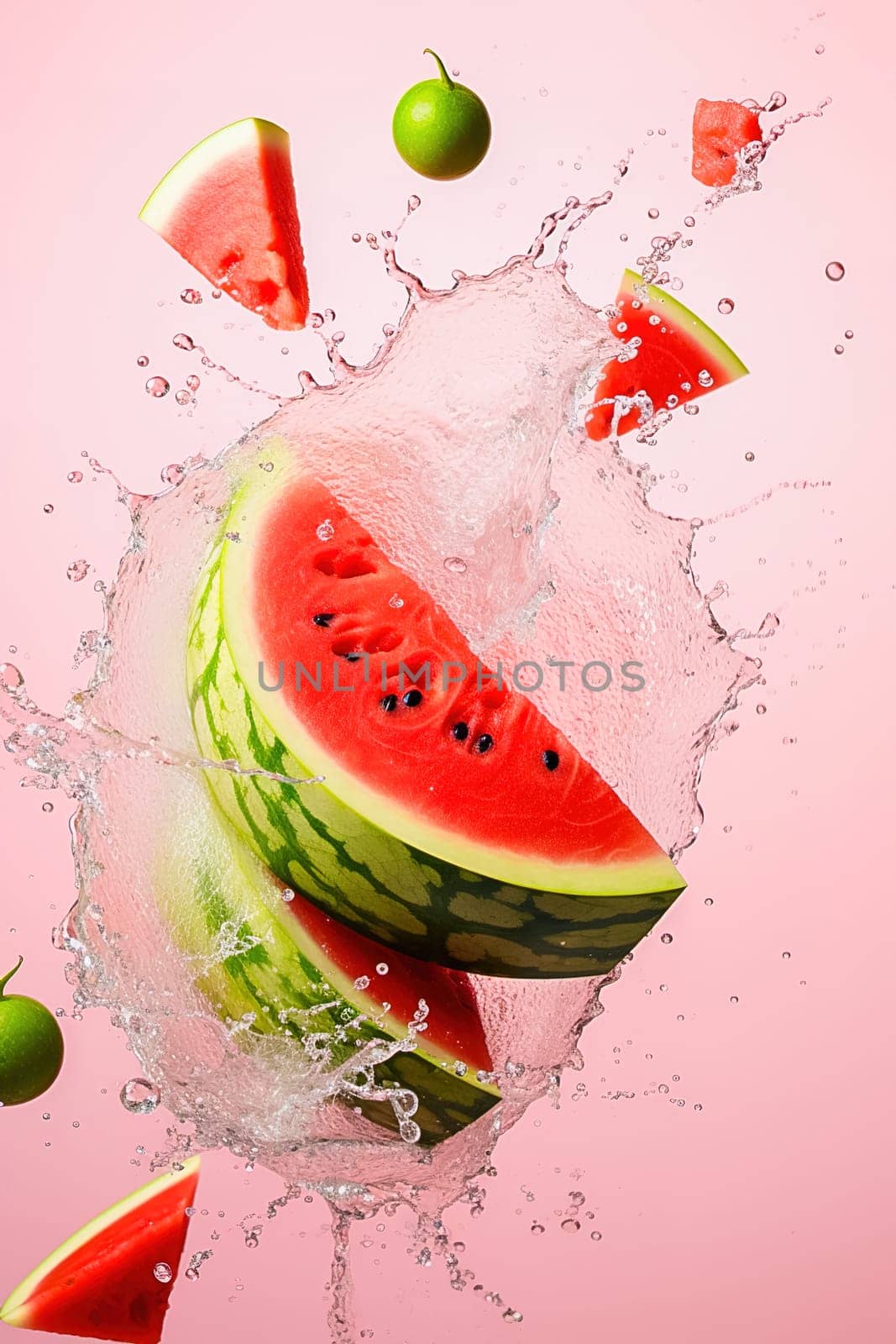Sliced pieces of juicy watermelon with splashes of water. Levitation. High quality photo