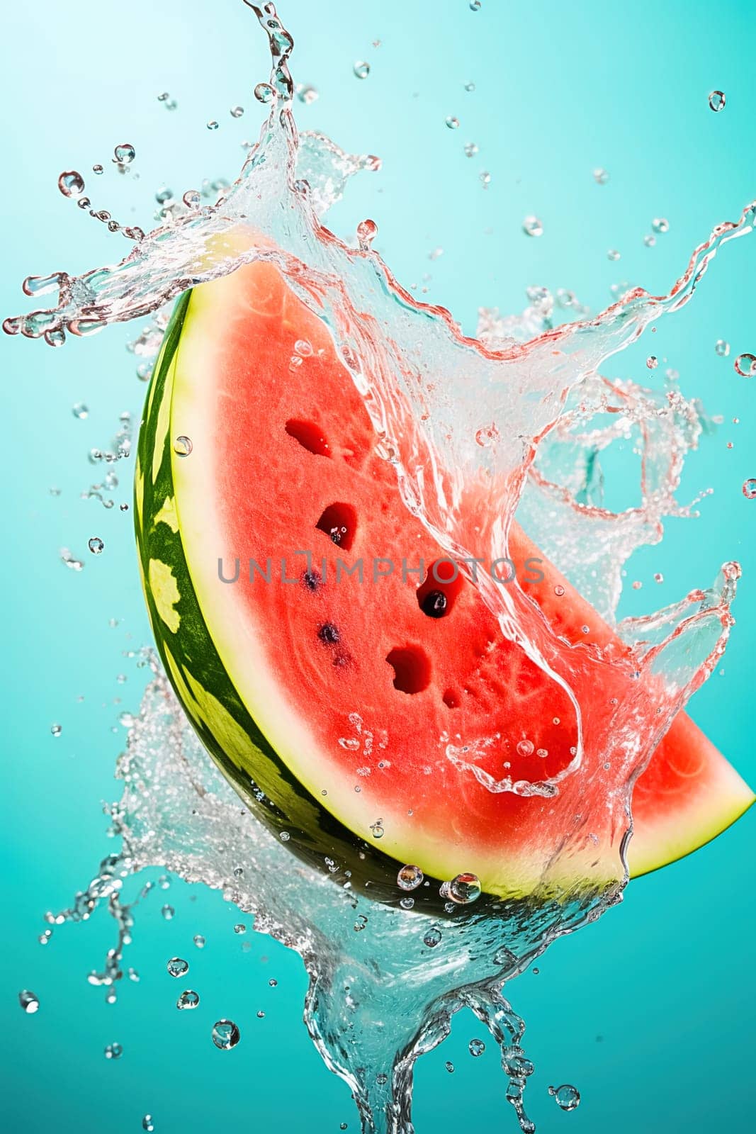 Sliced pieces of juicy watermelon with splashes of water. Levitation. High quality photo