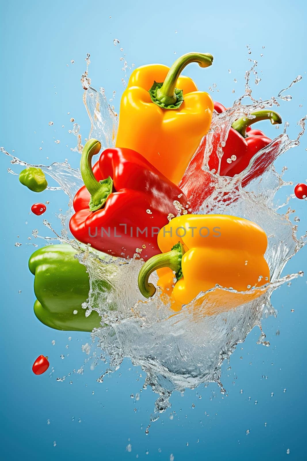 Red, yellow and green peppers with water splashes. Levitation. by Yurich32