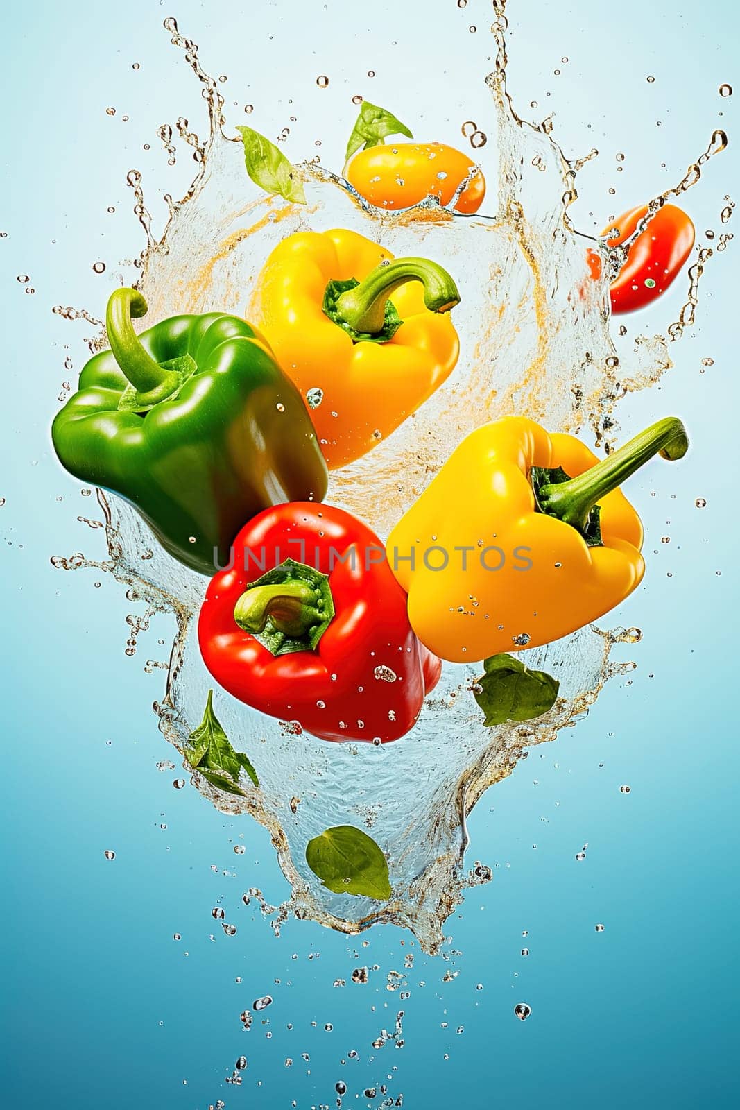 Red, yellow and green peppers with water splashes. Levitation. High quality photo