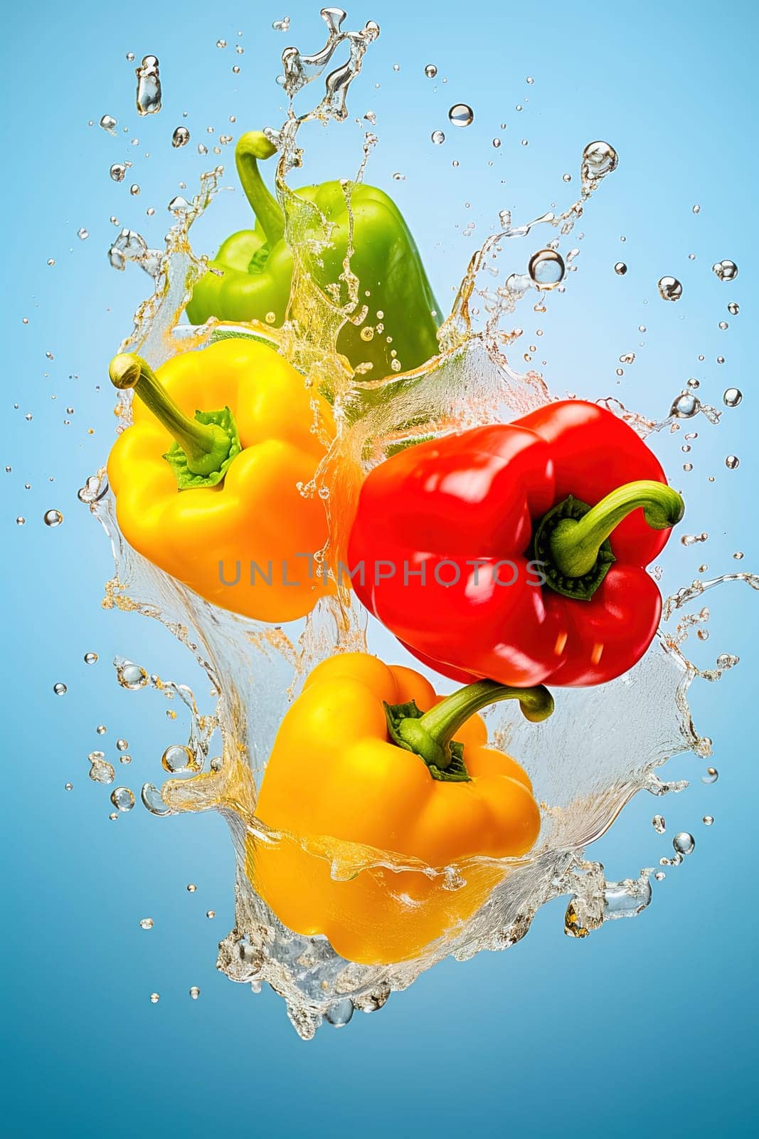 Red, yellow and green peppers with water splashes. Levitation. High quality photo