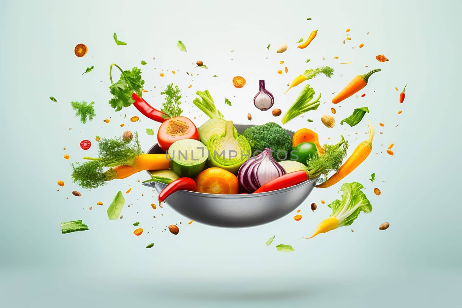 Vegetable salad in a plate scatters in the air. Levitation. High quality photo
