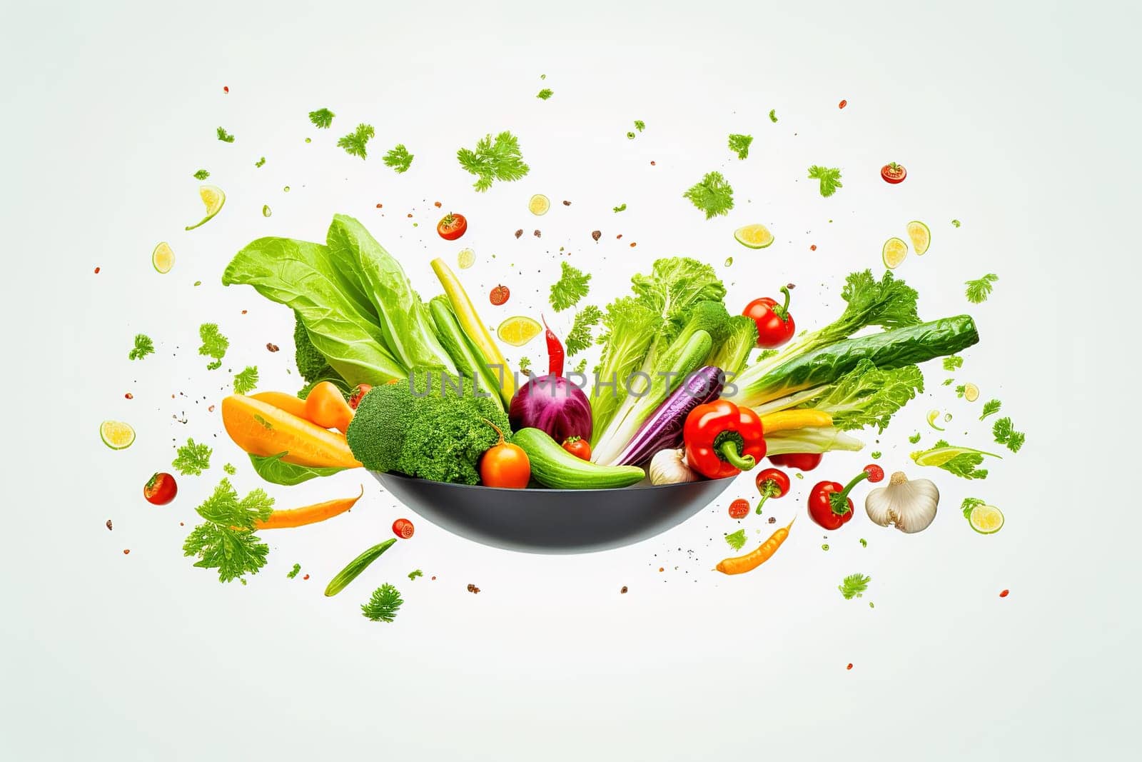 Vegetable salad in a plate scatters in the air. Levitation. High quality photo