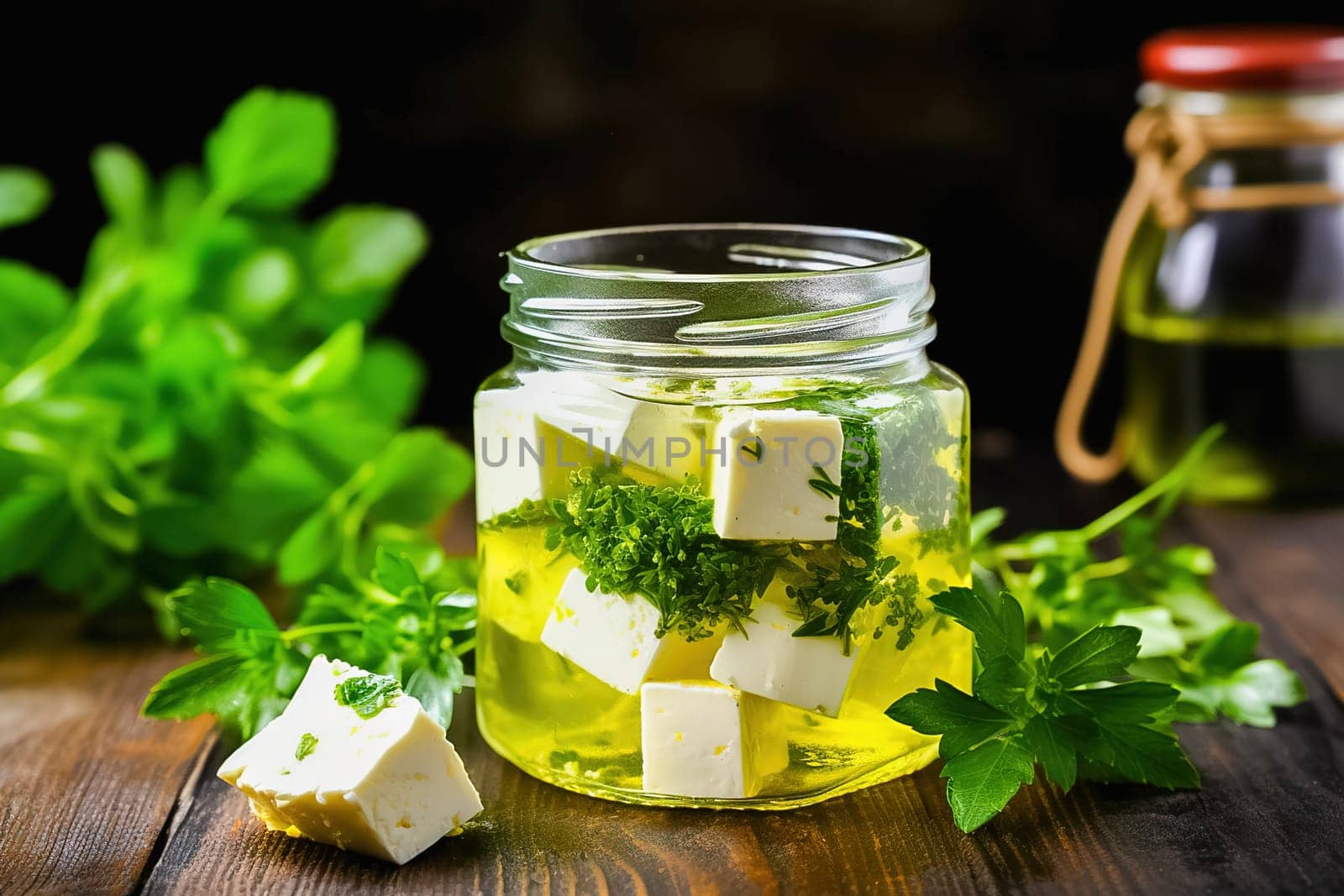 Cubes of cheese in olive oil with spices, in a glass jar. High quality photo