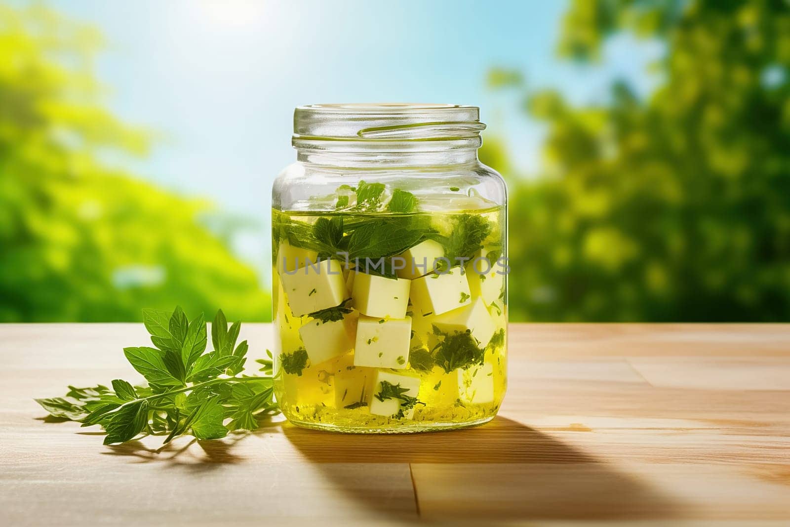 Cubes of cheese in olive oil with spices, in a glass jar. High quality photo