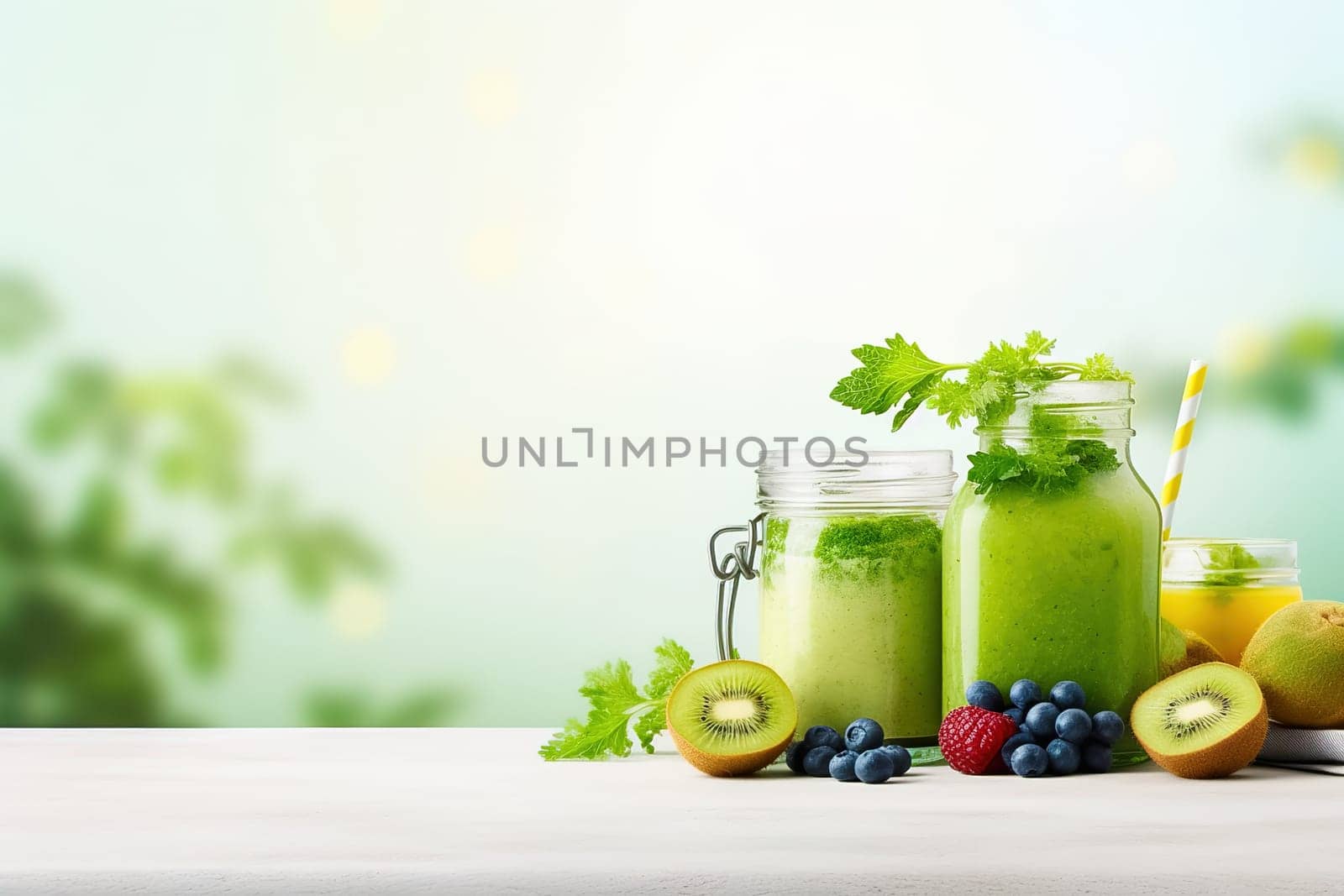 Glass jar filled with green spinach and kale smoothie for healthy nutrition. High quality photo