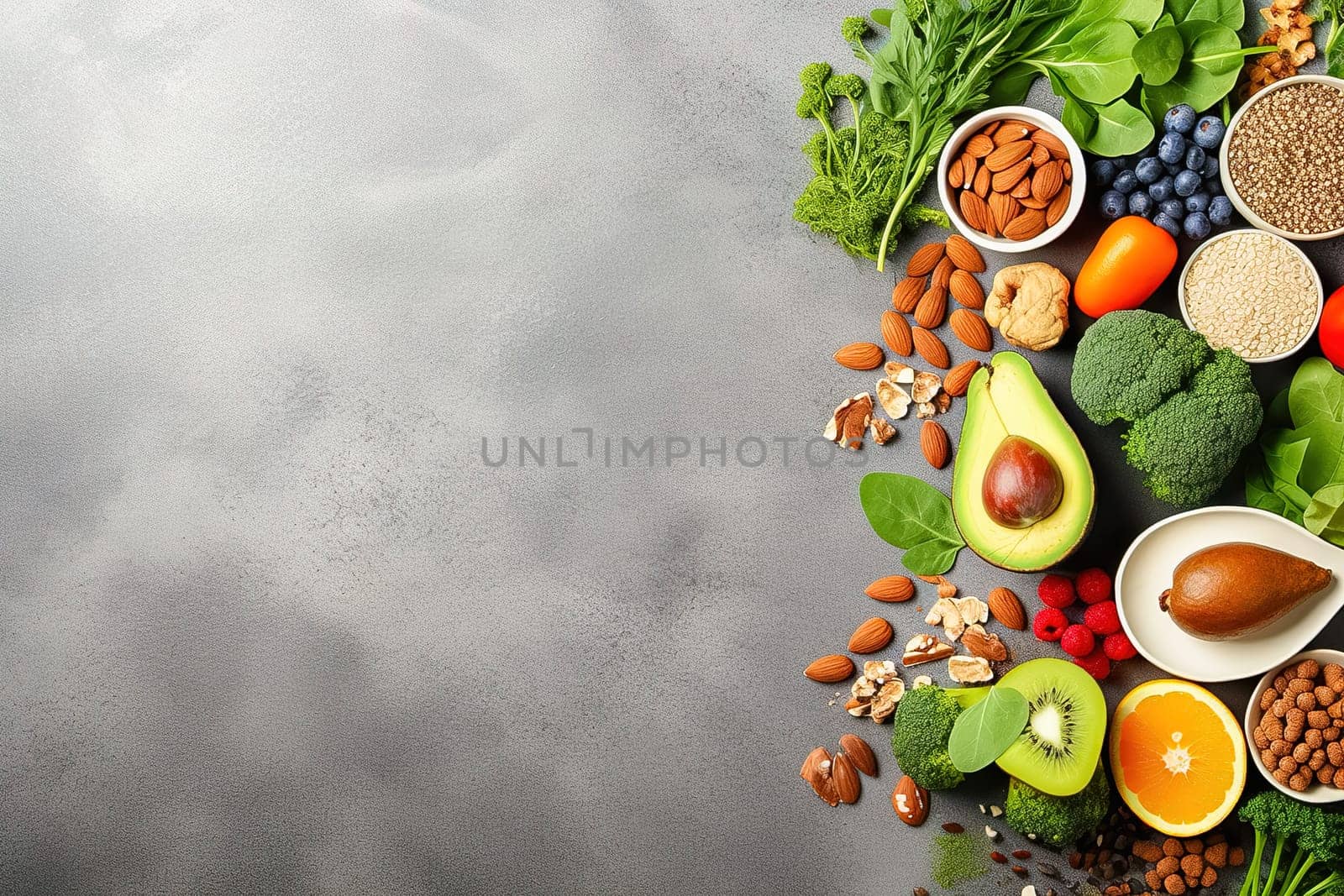 Assortment of spices, fruits, vegetables and nuts with empty space to insert text. by Yurich32