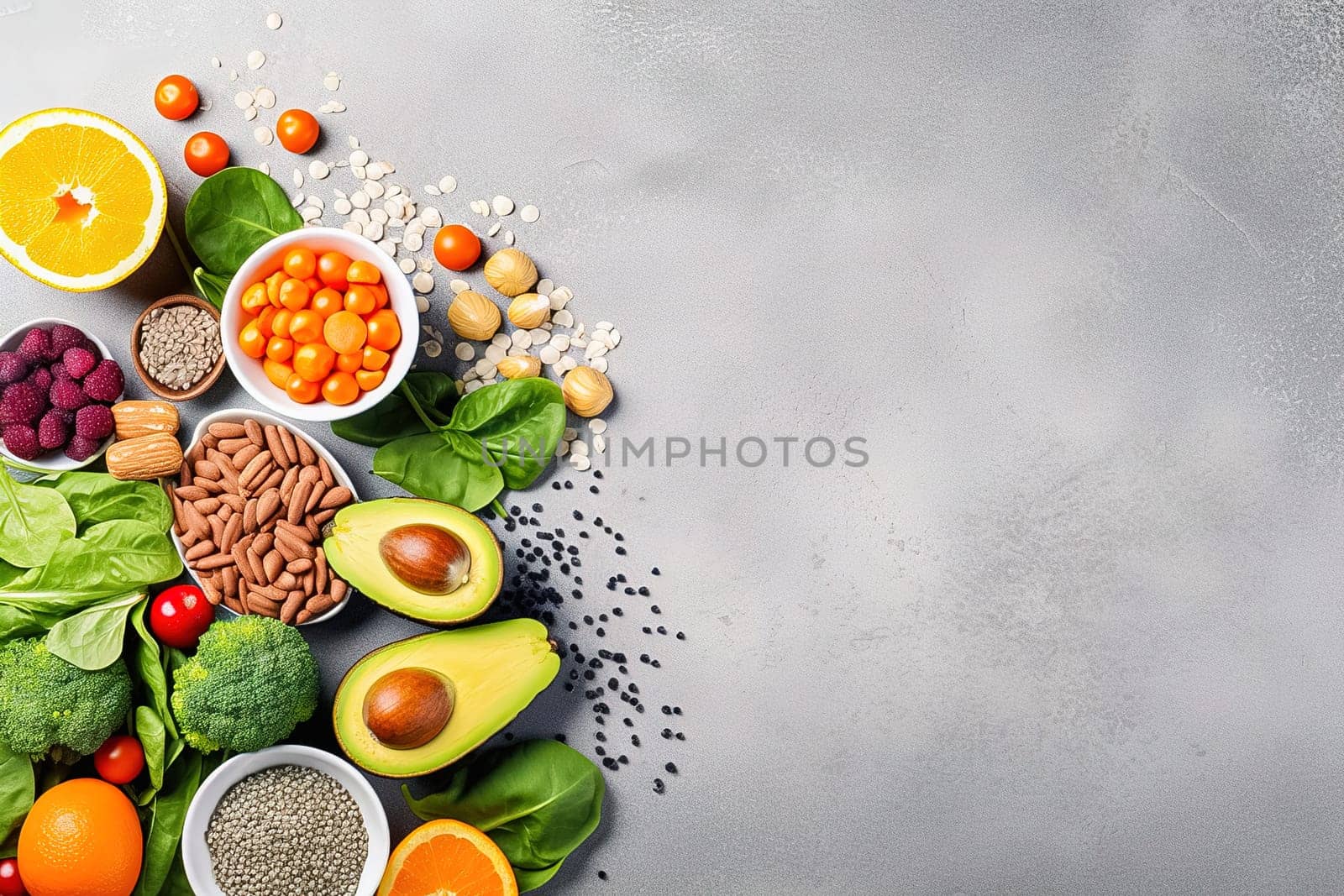 Assortment of spices, fruits, vegetables and nuts with empty space to insert text. High quality photo