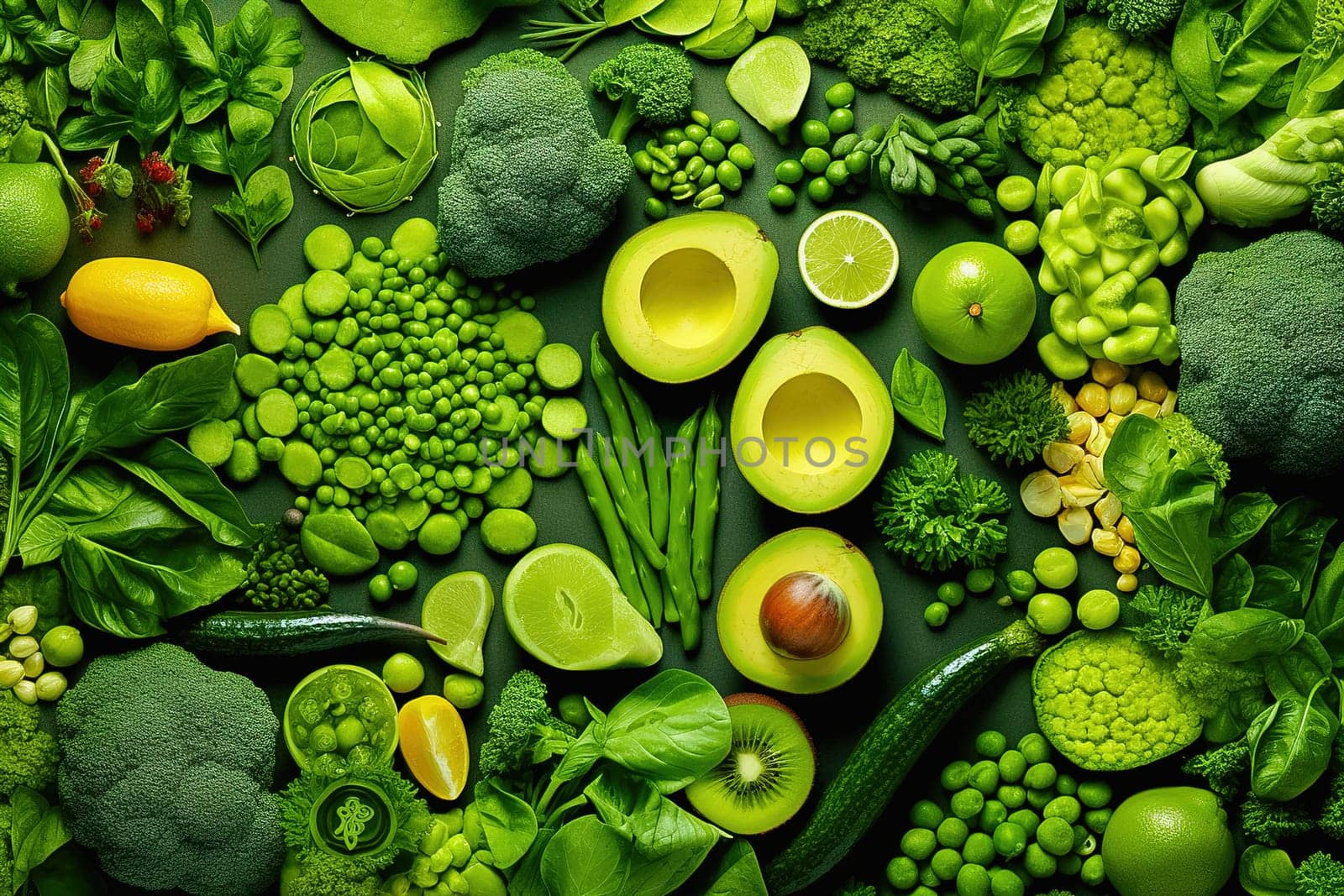 Assorted green vegetables and fruits. View from above. by Yurich32