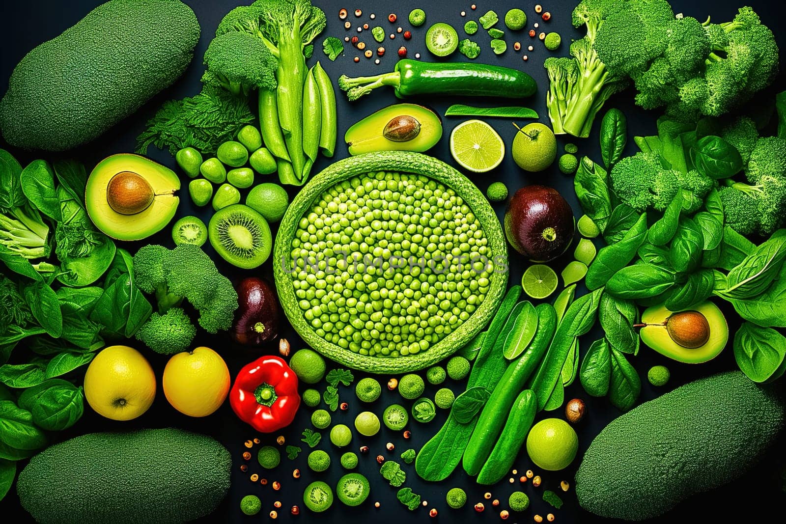 Assorted green vegetables and fruits. View from above. by Yurich32