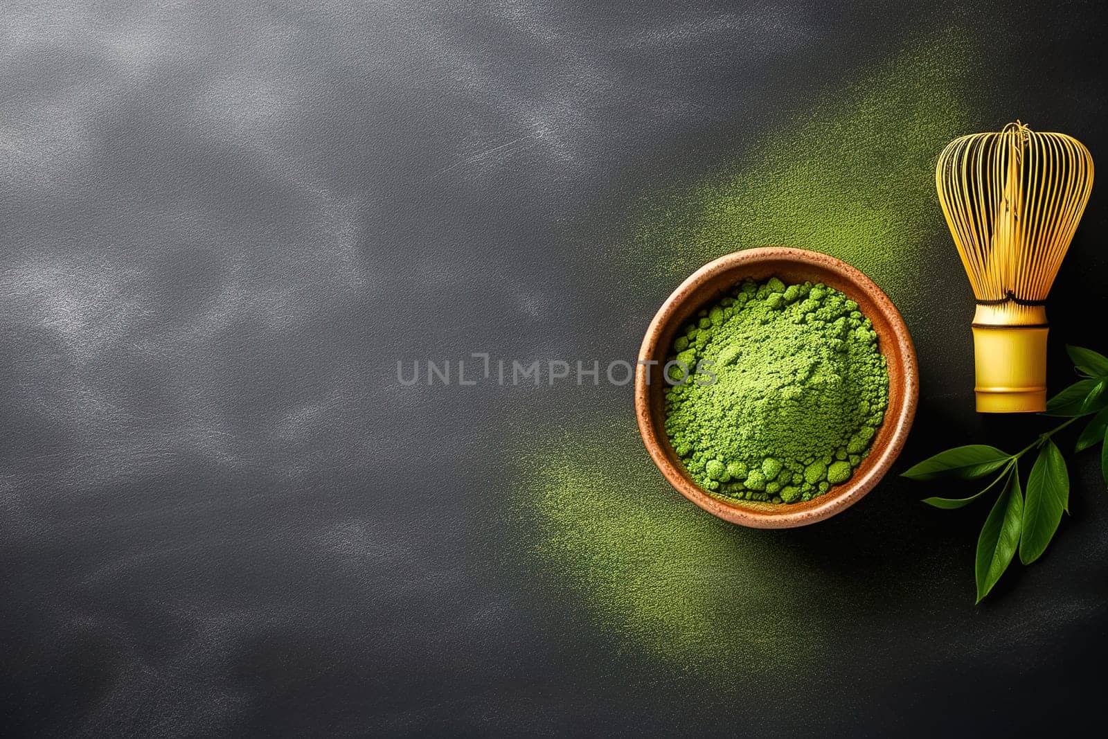 Matcha green tea powder and whisk, on a black background with place for text. High quality photo