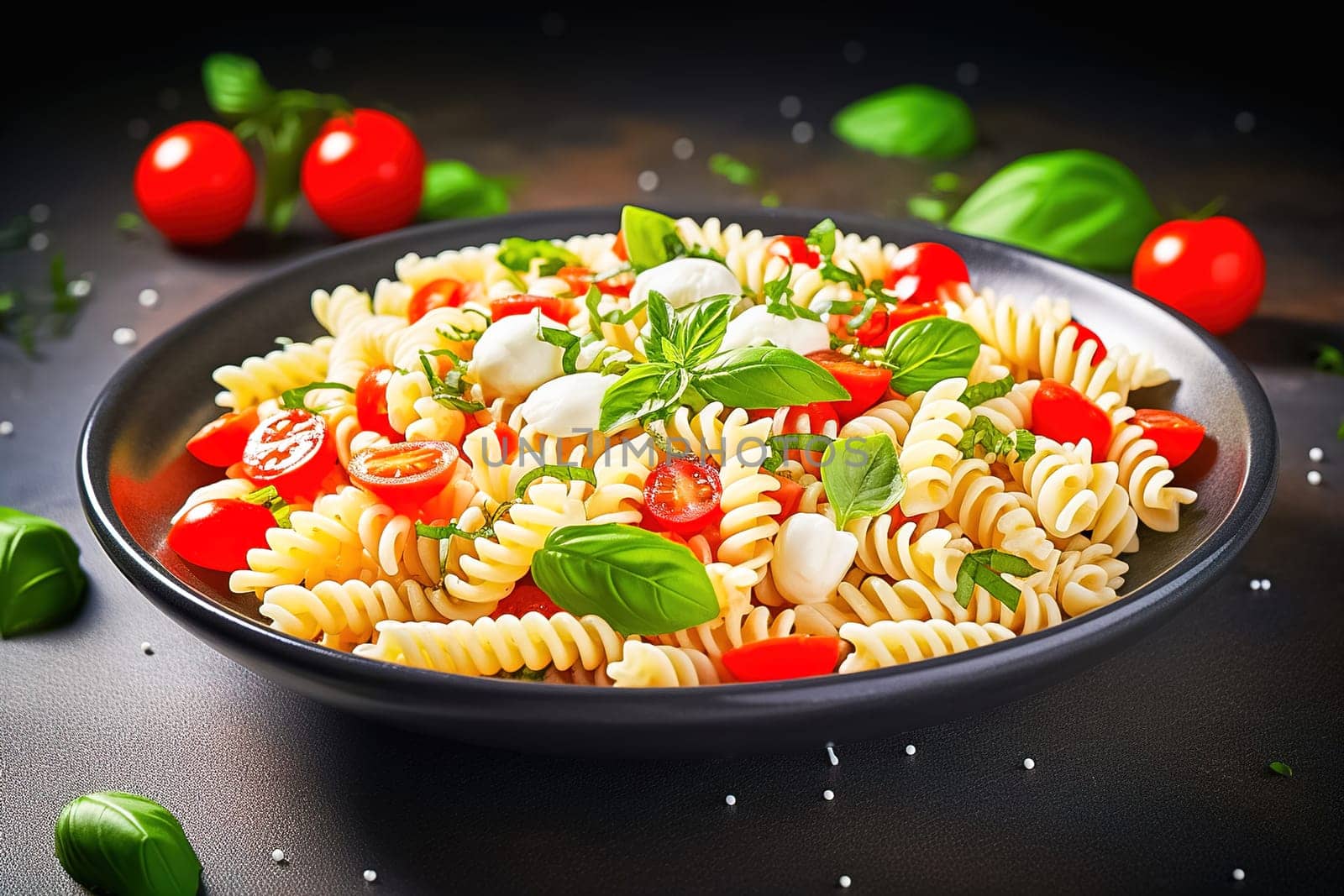 Macaroni with cheese and cherry tomatoes in a black plate. High quality photo