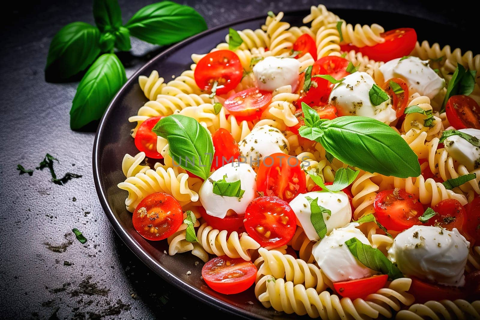 Macaroni with cheese and cherry tomatoes in a black plate. High quality photo