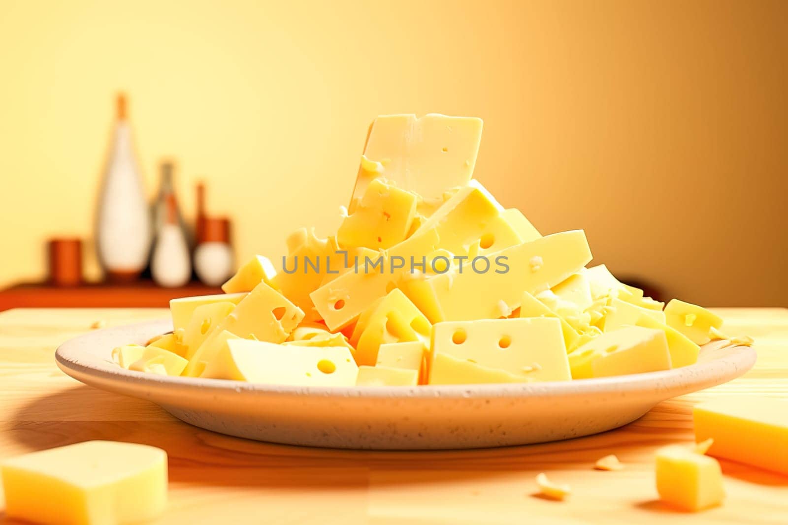 Assorted pieces of hard cheese in a plate. High quality photo