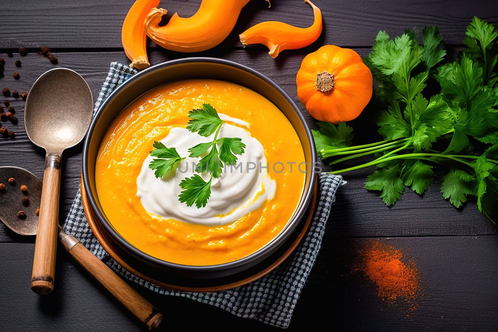 Pumpkin soup with greens empty space to insert text. View from above. High quality photo