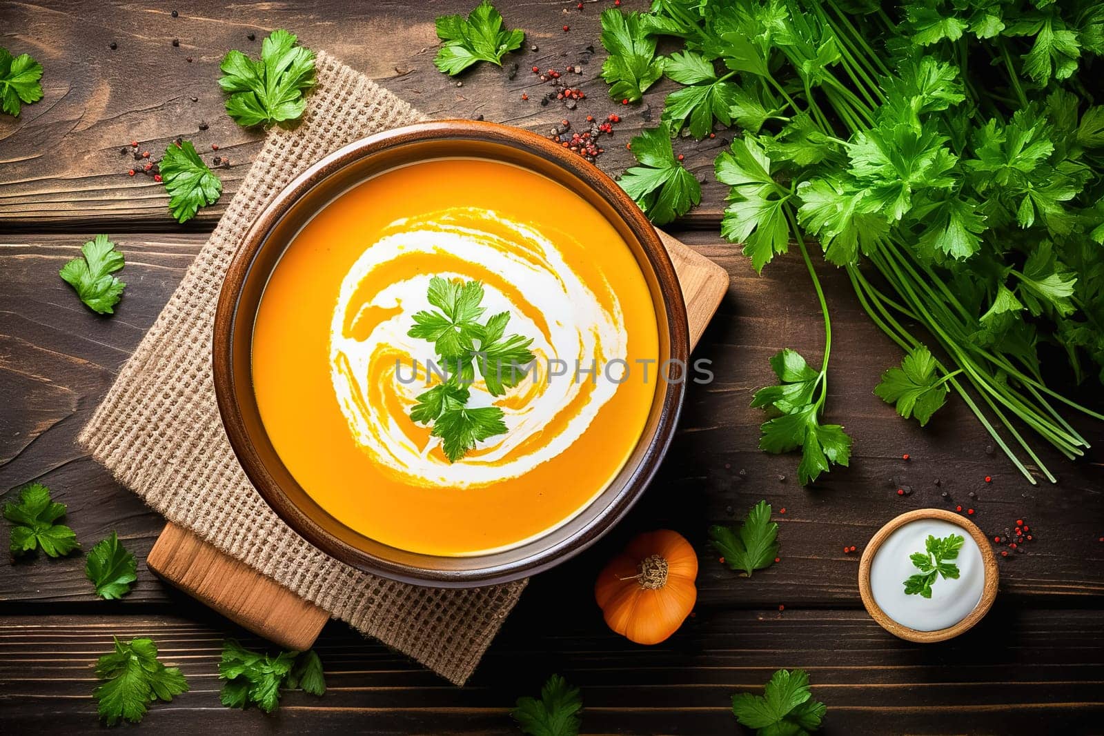 Pumpkin soup with greens empty space to insert text. View from above. High quality photo