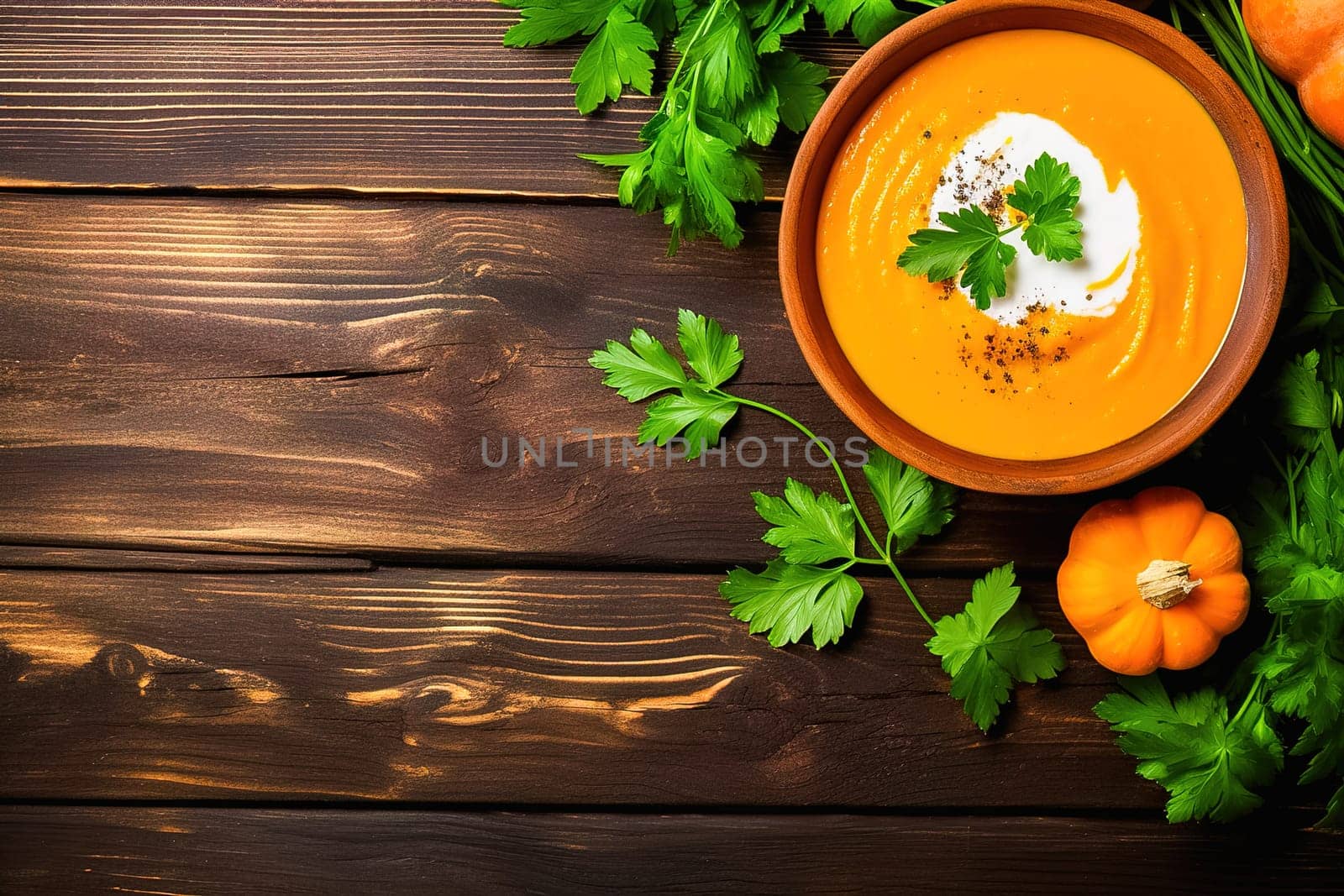 Pumpkin soup with greens empty space to insert text. View from above. High quality photo