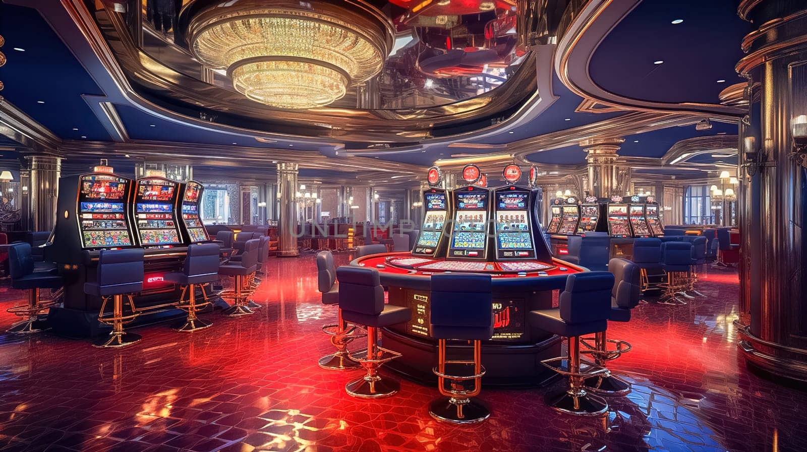 Casino interior with slot machines and roulette tables. High quality photo