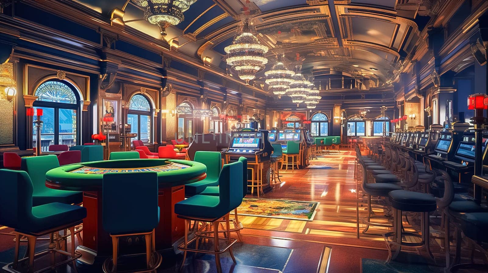 Casino interior with slot machines and roulette tables. High quality photo