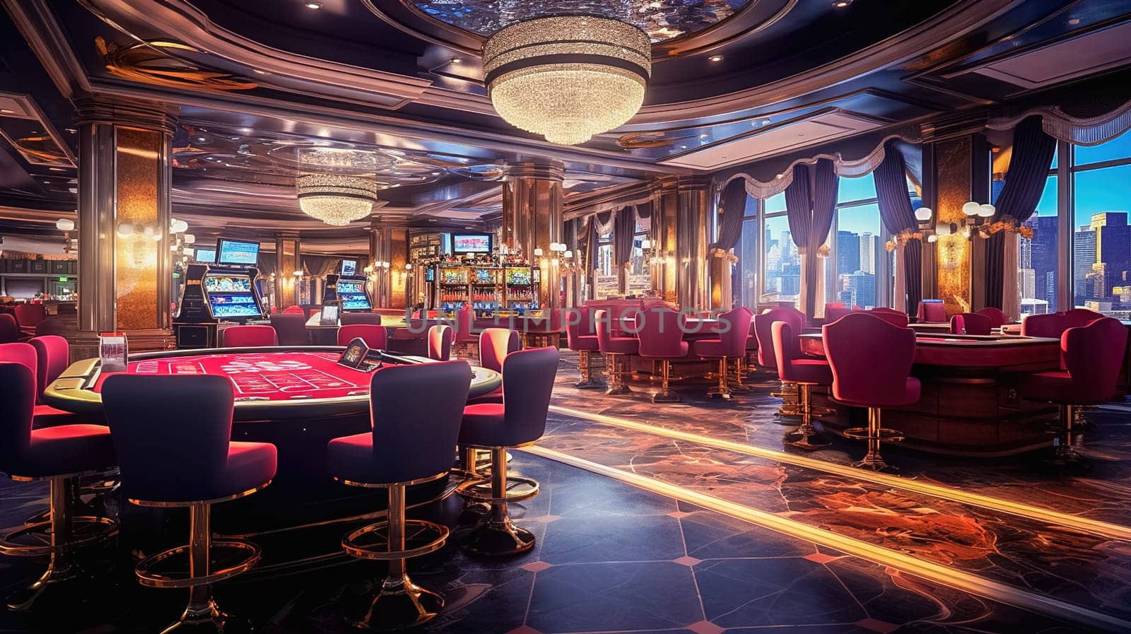 Casino interior with slot machines and roulette tables. High quality photo