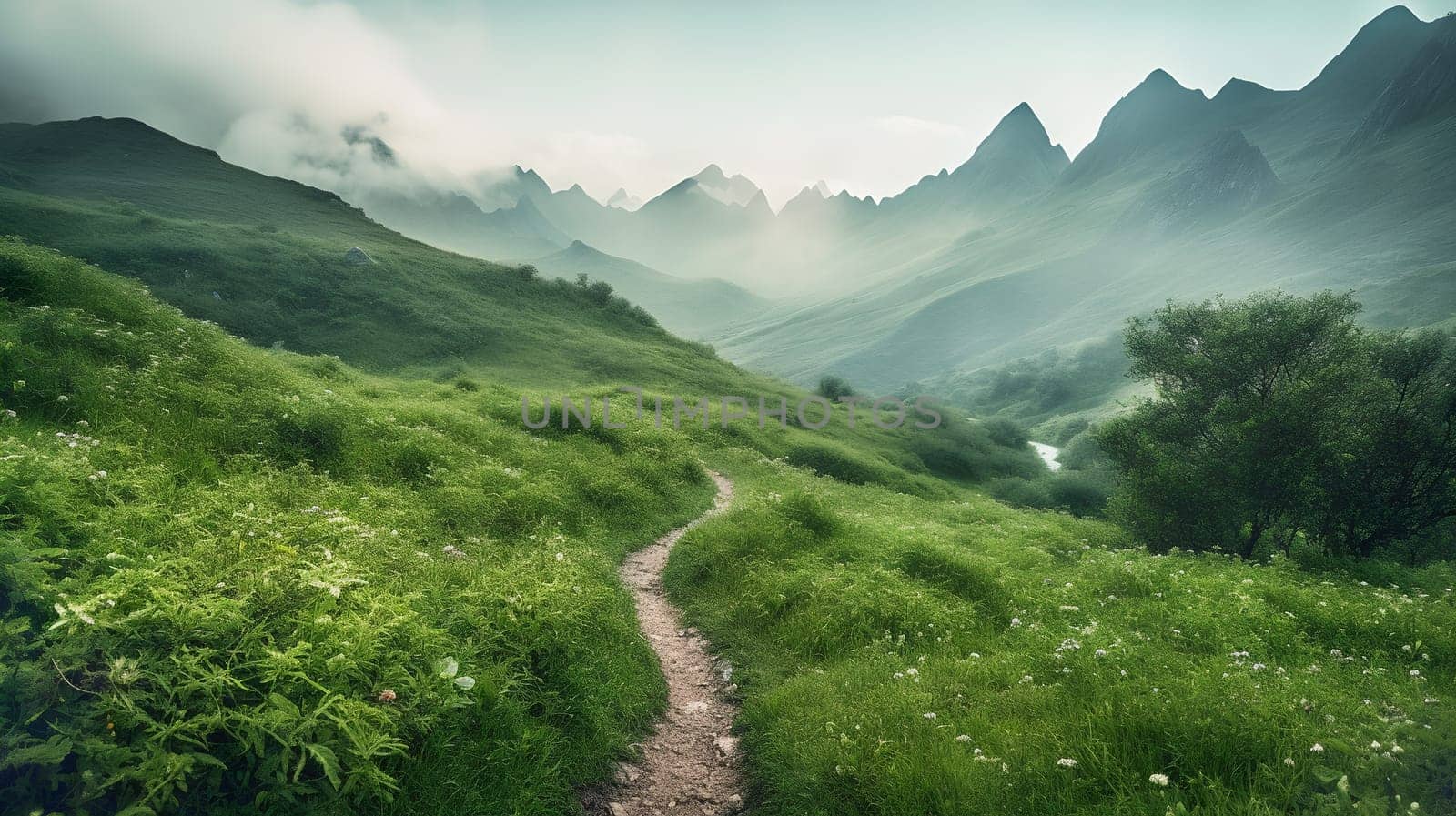 Landscape photography beautiful mountains valleys, in the style of romantic soft focus and ethereal light, generative AI