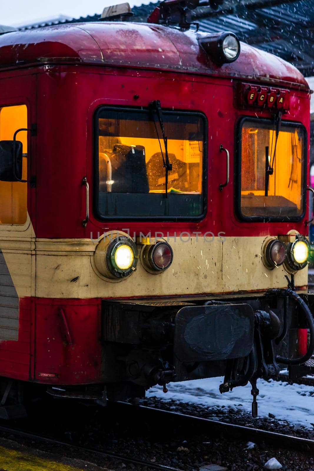 Winter detail train view. Train on the platform of Bucharest North Railway Station (Gara de Nord Bucuresti) in Bucharest, Romania, 2021