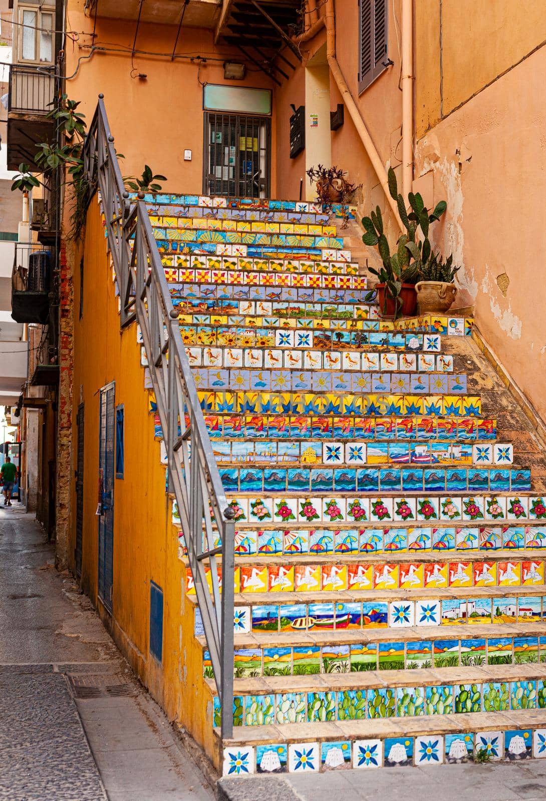 View of a staircase decorated with typical Sicilian ceramic tiles, Porto Empedocle. Sicily