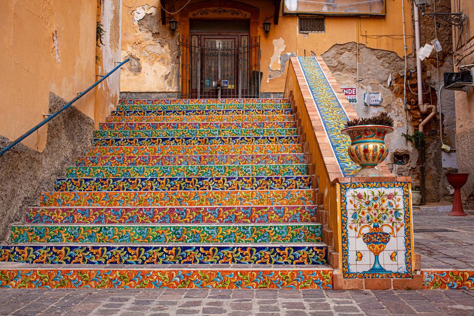 View of a staircase decorated with typical Sicilian ceramic tiles, Porto Empedocle. Sicily