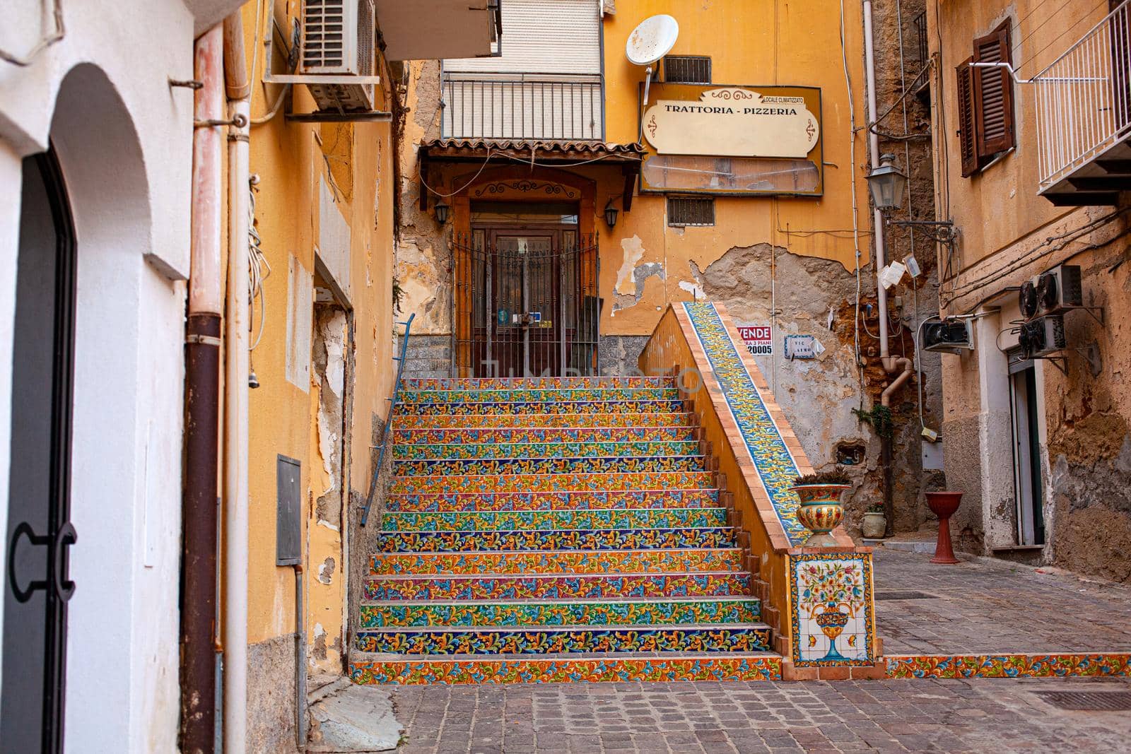 View of a staircase decorated with typical Sicilian ceramic tiles, Porto Empedocle. Sicily