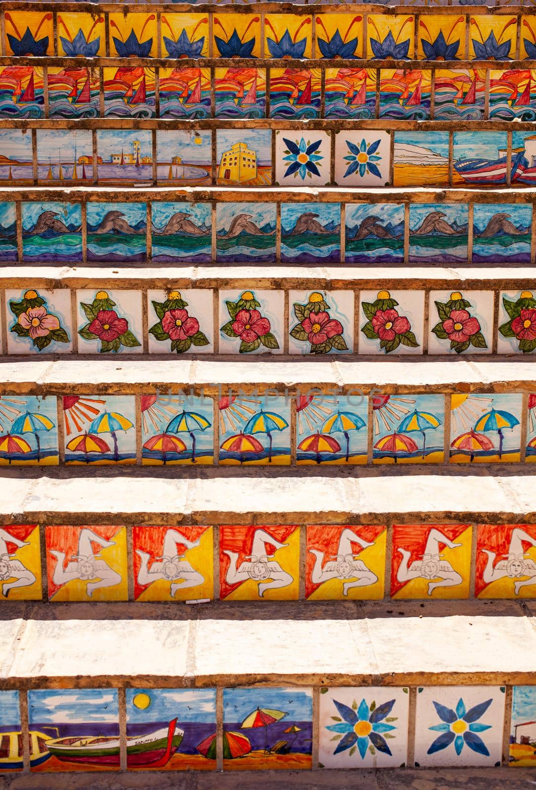 View of a staircase decorated with typical Sicilian ceramic tiles, Porto Empedocle. Sicily