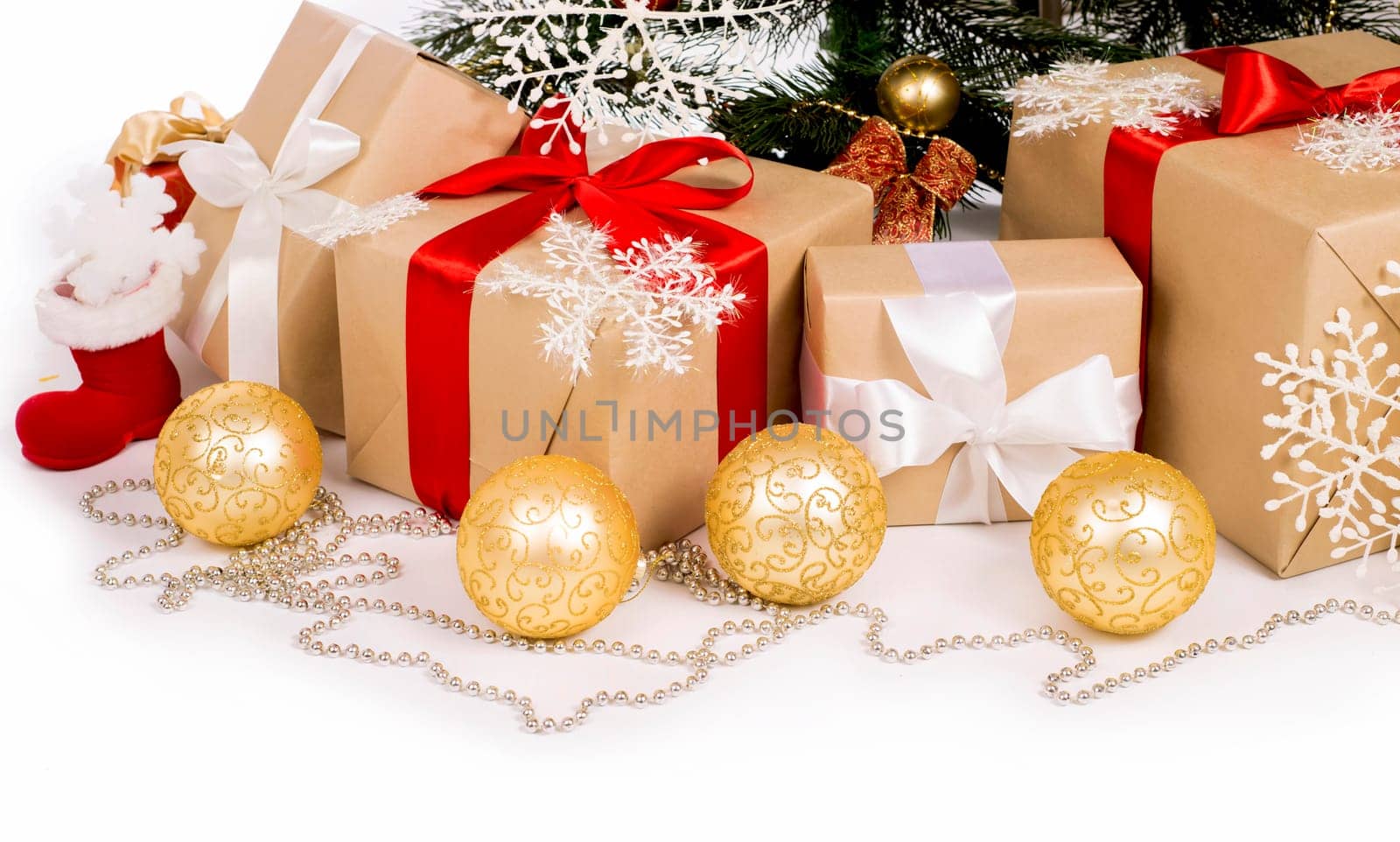 Christmas background, celebration, New Year's eve party, sale, presents concept. Beautiful gift boxes with handmade embellishments and food decorations, template with copyspace by aprilphoto
