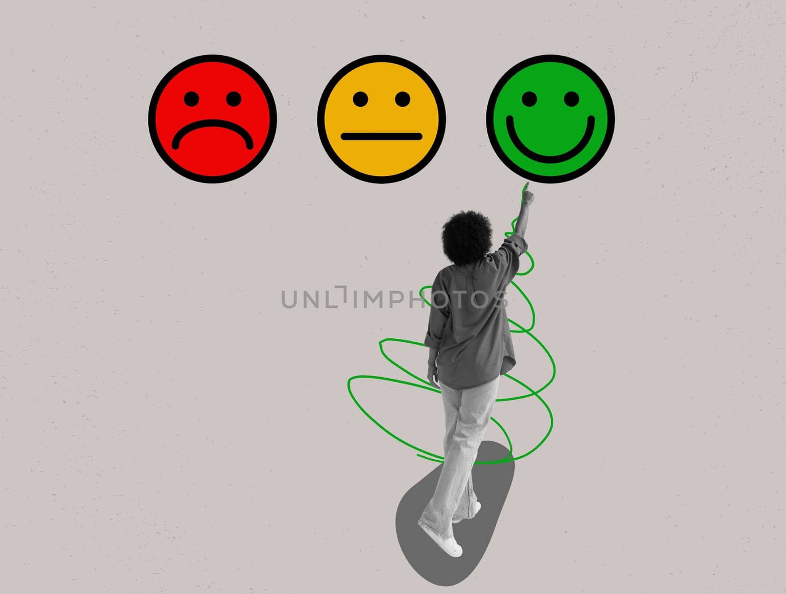 Collage about customer evaluation. The girl points to a happy emoticon.