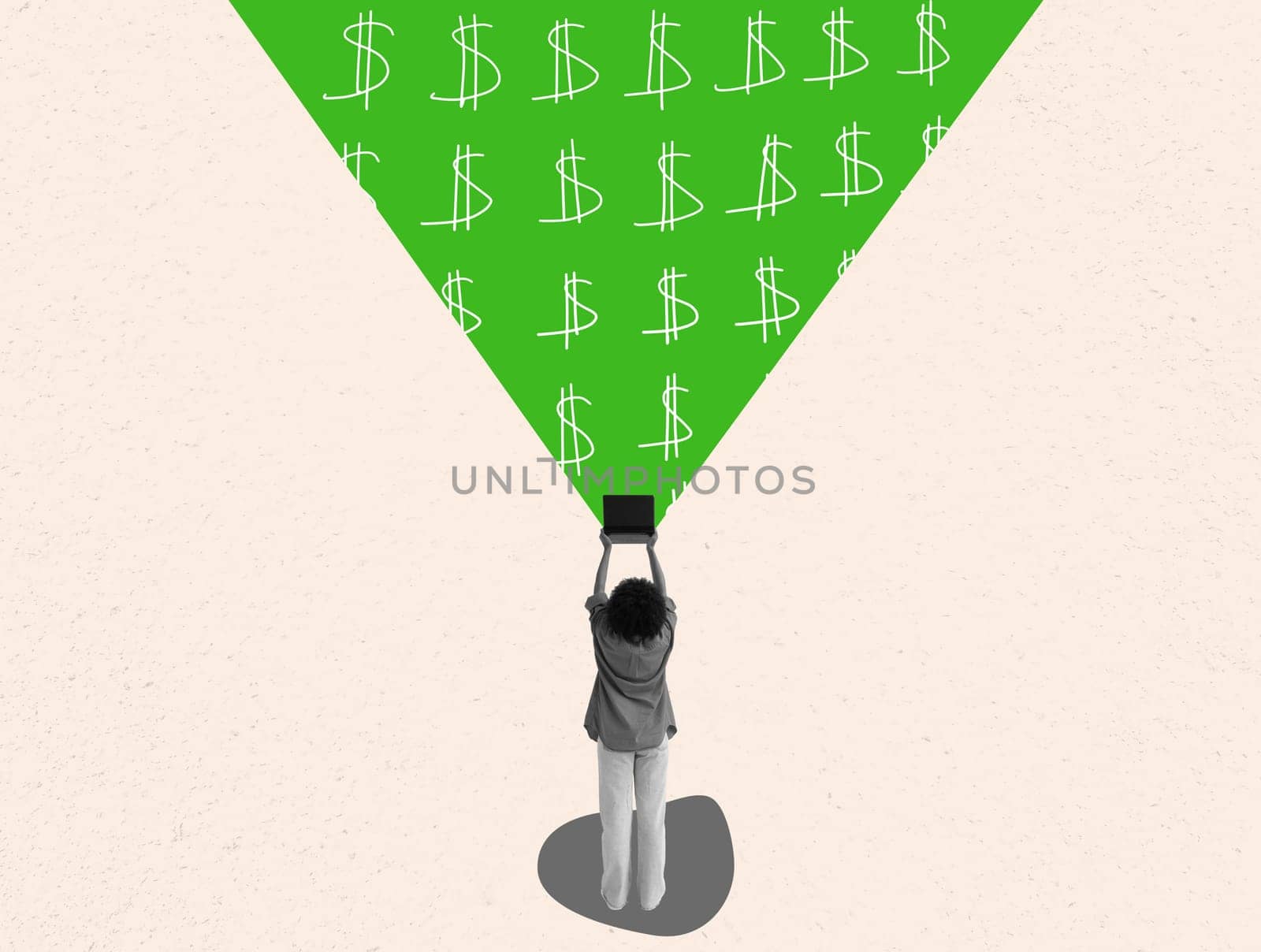 A collage where a girl holds laptop and dollar signs as a symbol of monetization. by designer491