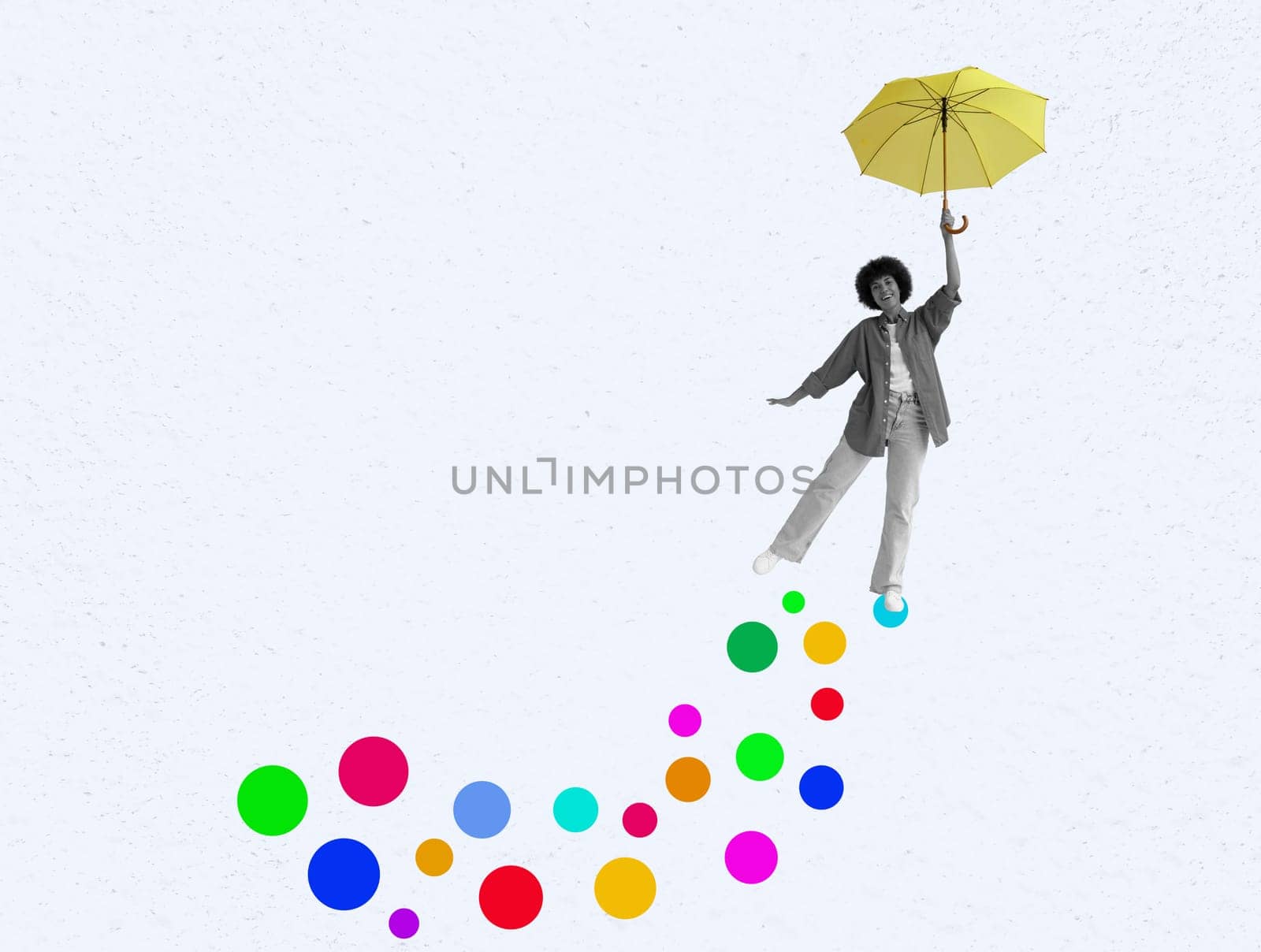 Art collage with a young woman with an umbrella. Creativity and new ideas.