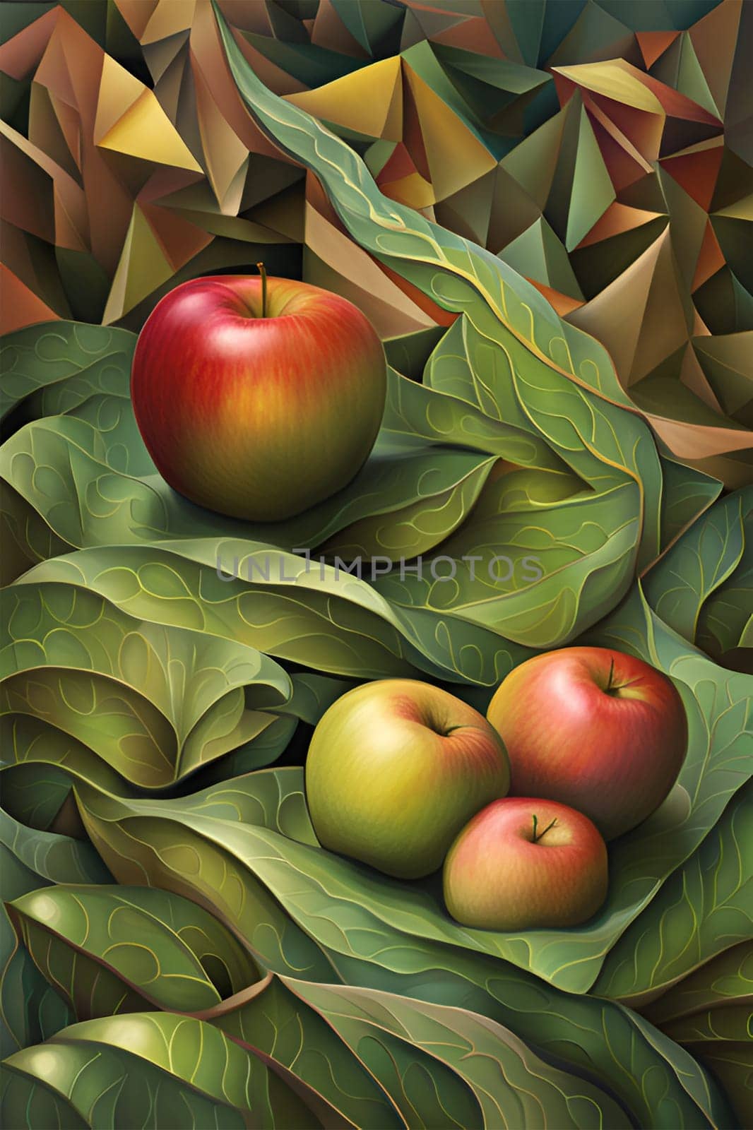 Four apples on a green leaf nature background - Generative AI
