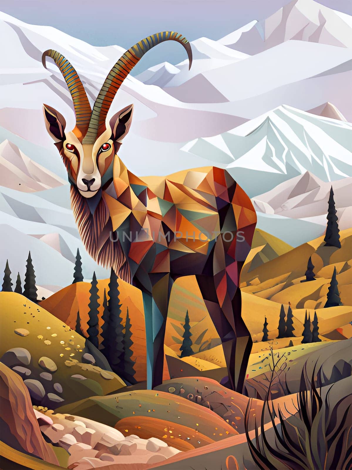 Fantasy alpine ibex standing in the moutain - Generative AI by Elenaphotos21