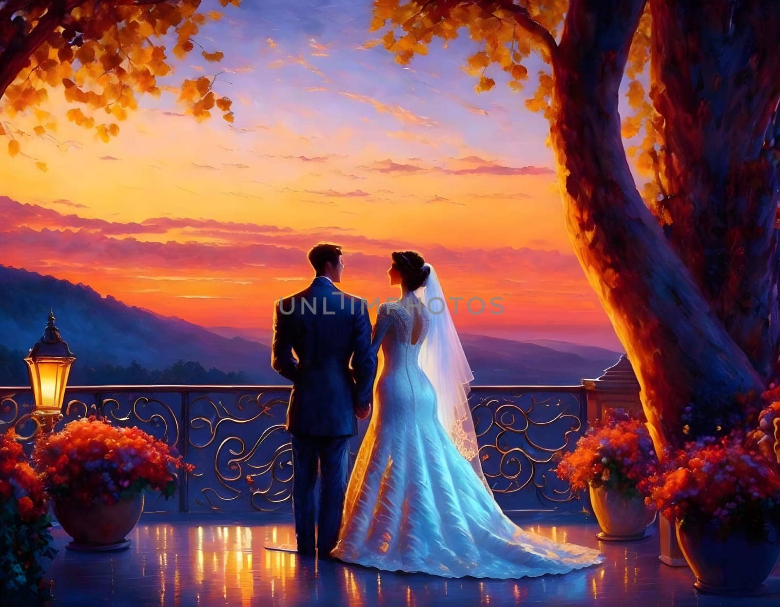Wedding at the balcony y sunset - Generative AI