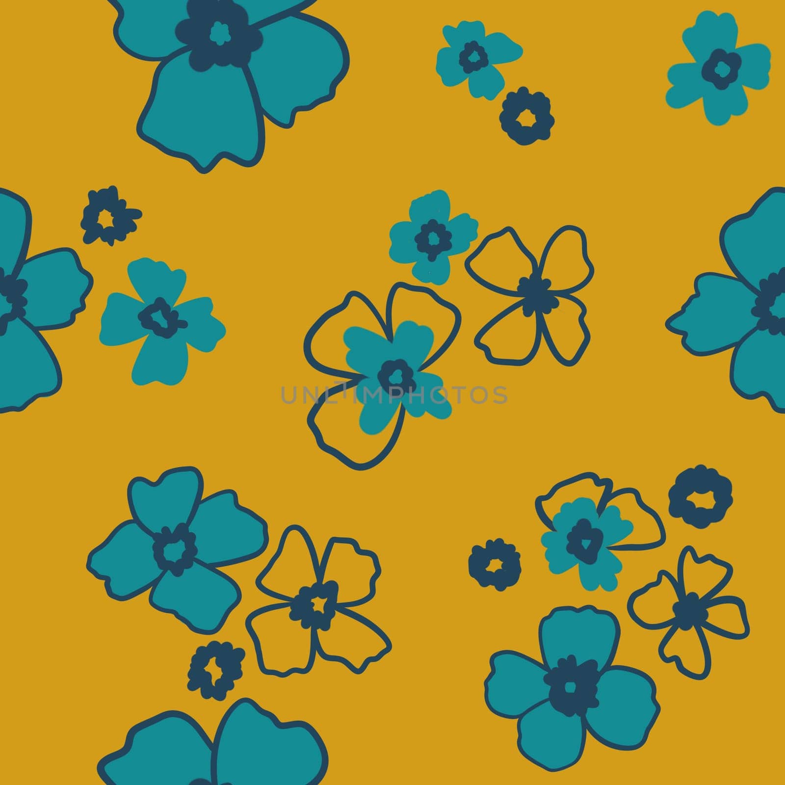 Hand drawn seamless pattern with yellow blue daisy flowers on retro background. Retro vintage mid century modern floral print with red blobs, hippie bloom blossom nature design, warm color