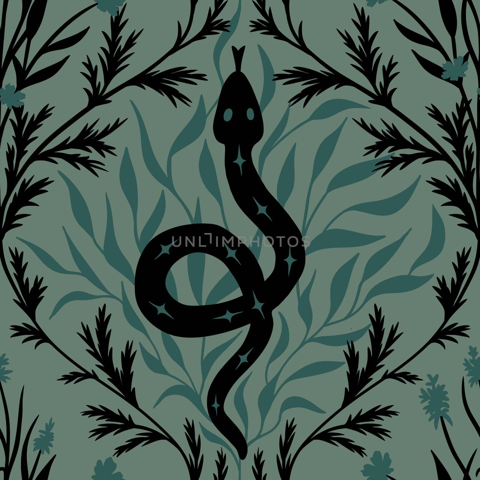 Hand drawn seamless pattern of black snake on sage green background with forest leaves. Witch witchcraft mystic occult boho design, teal grey esoteric gothic halloween print serpent art