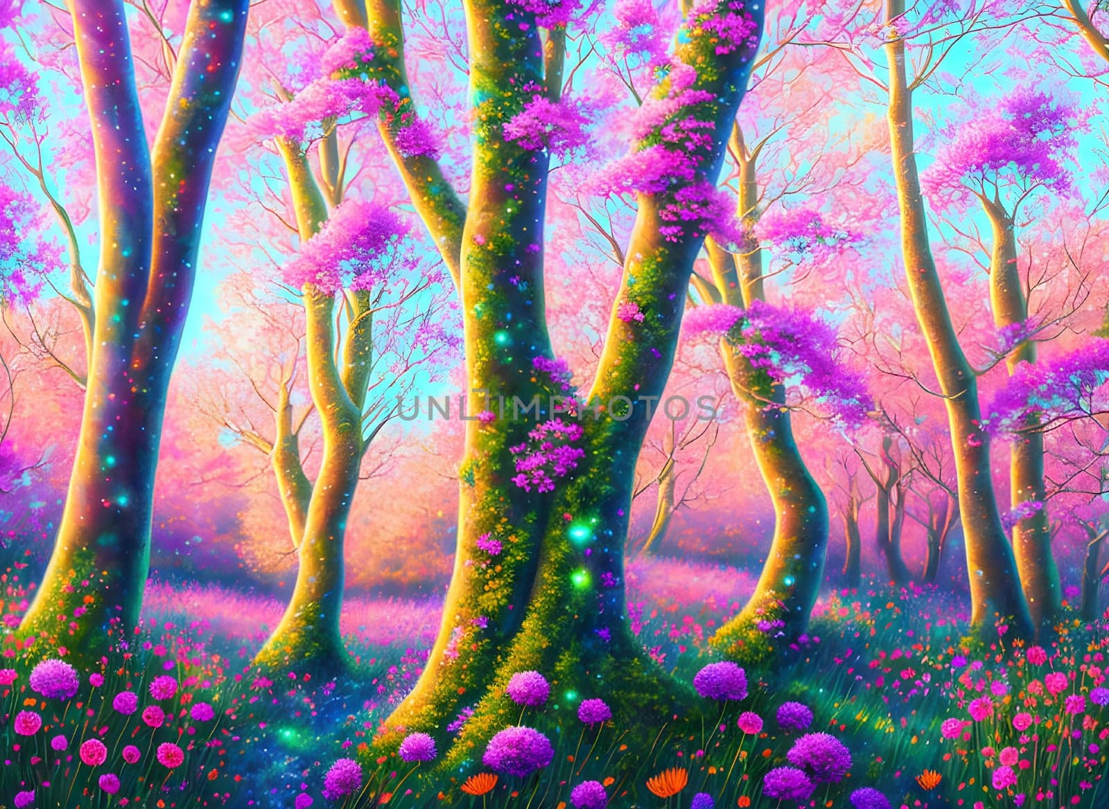 Pink fantasy forest with flowers by day - Generative AI